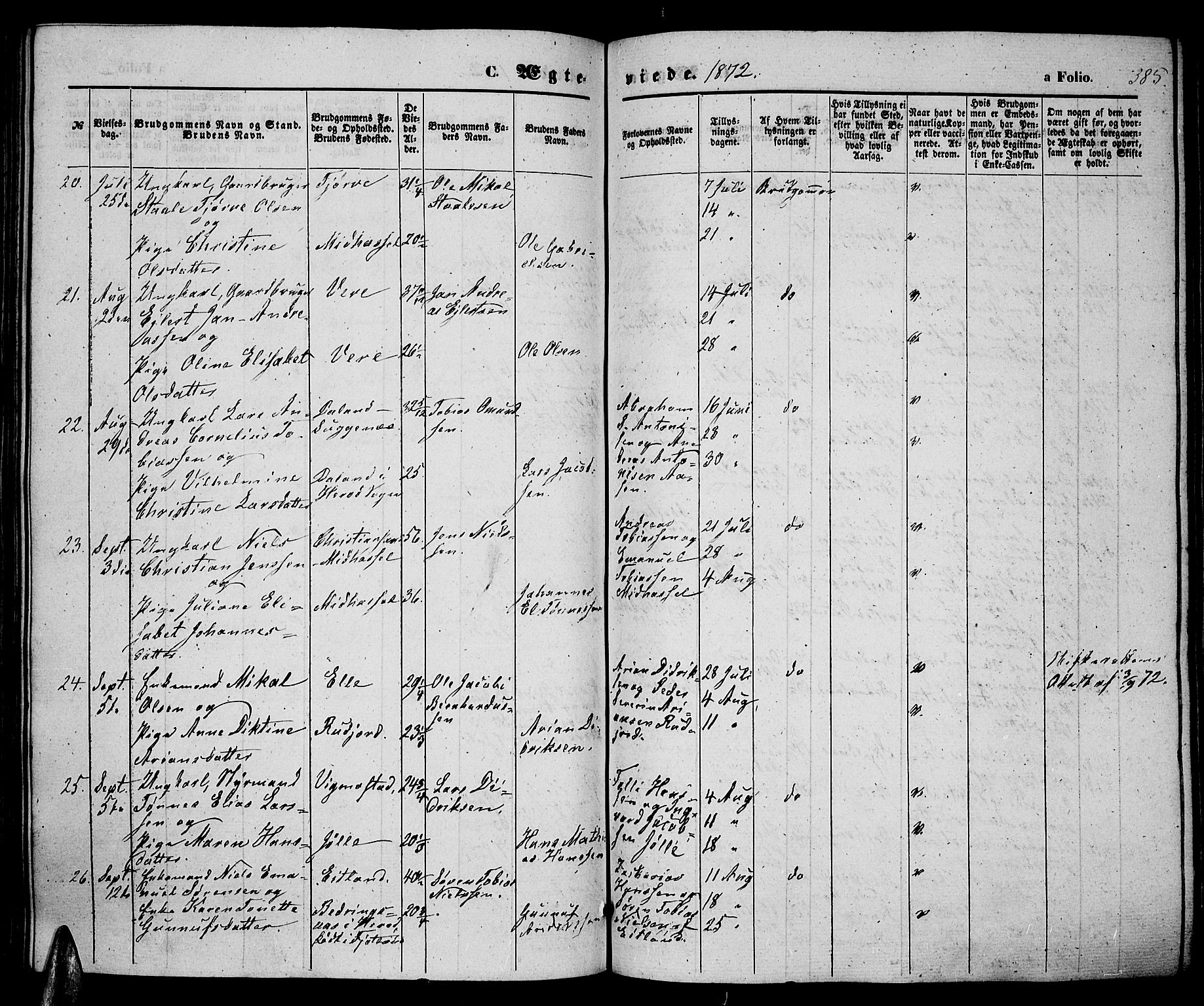 Lista sokneprestkontor, SAK/1111-0027/F/Fb/L0003: Parish register (copy) no. B 3, 1862-1877, p. 385