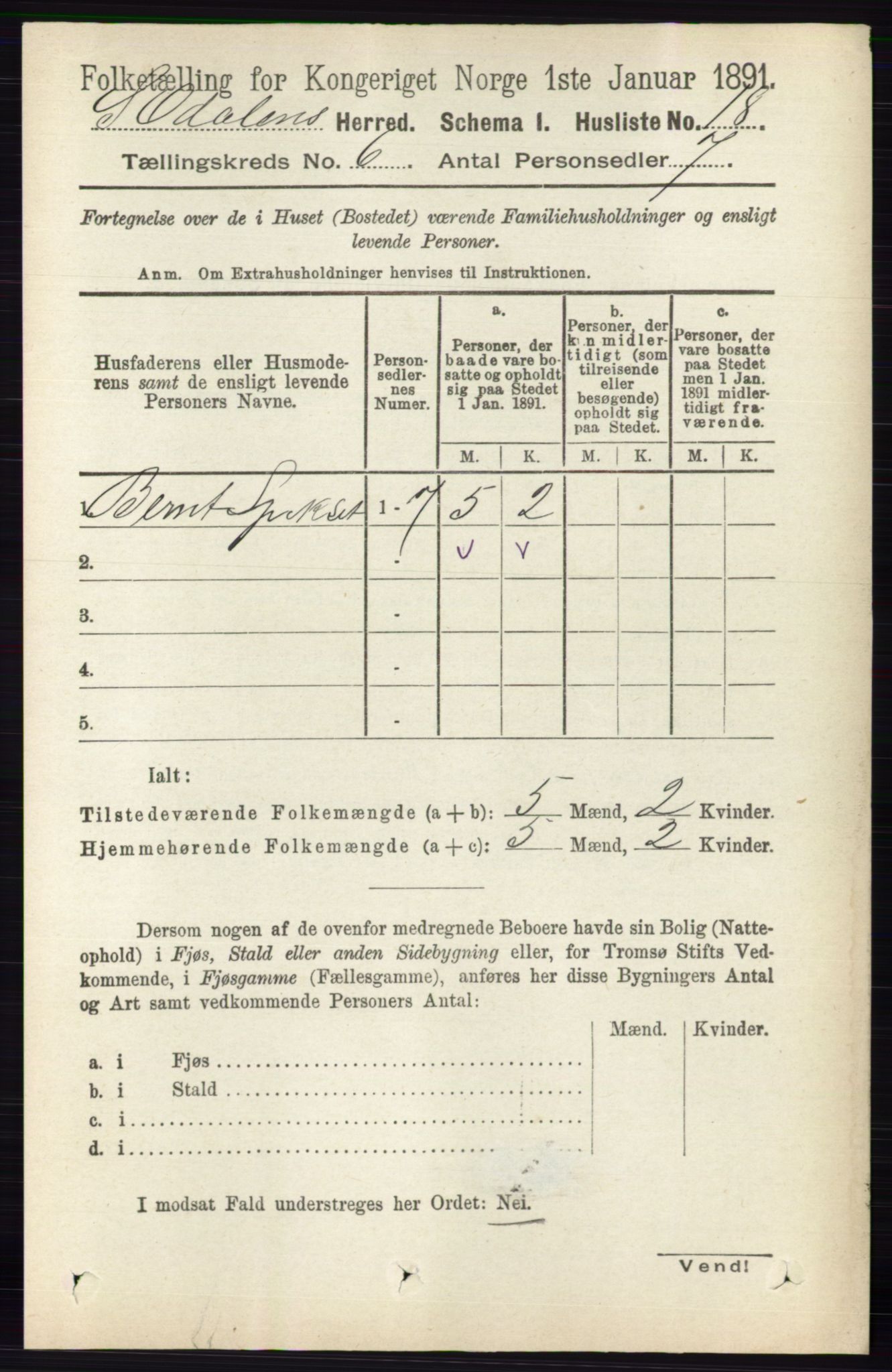 RA, 1891 census for 0419 Sør-Odal, 1891, p. 2704