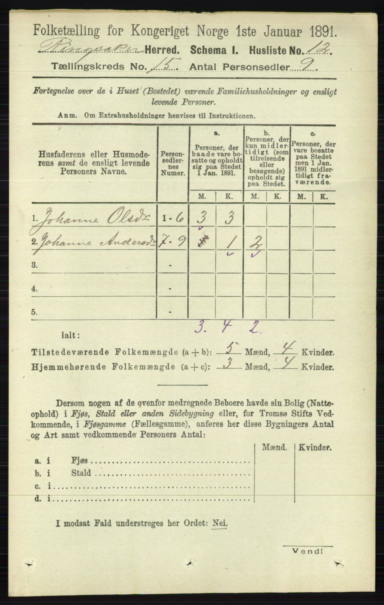 RA, 1891 census for 0412 Ringsaker, 1891, p. 8409