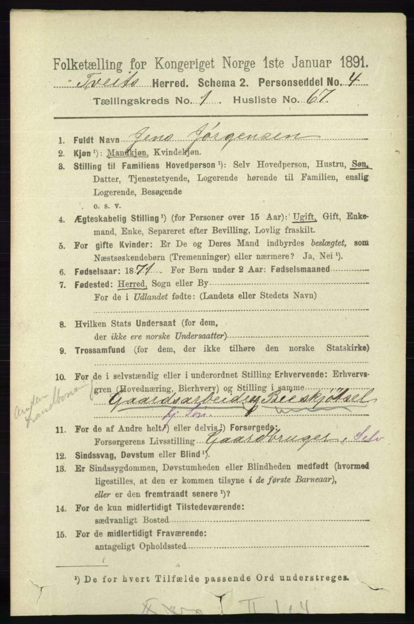 RA, 1891 census for 1013 Tveit, 1891, p. 405