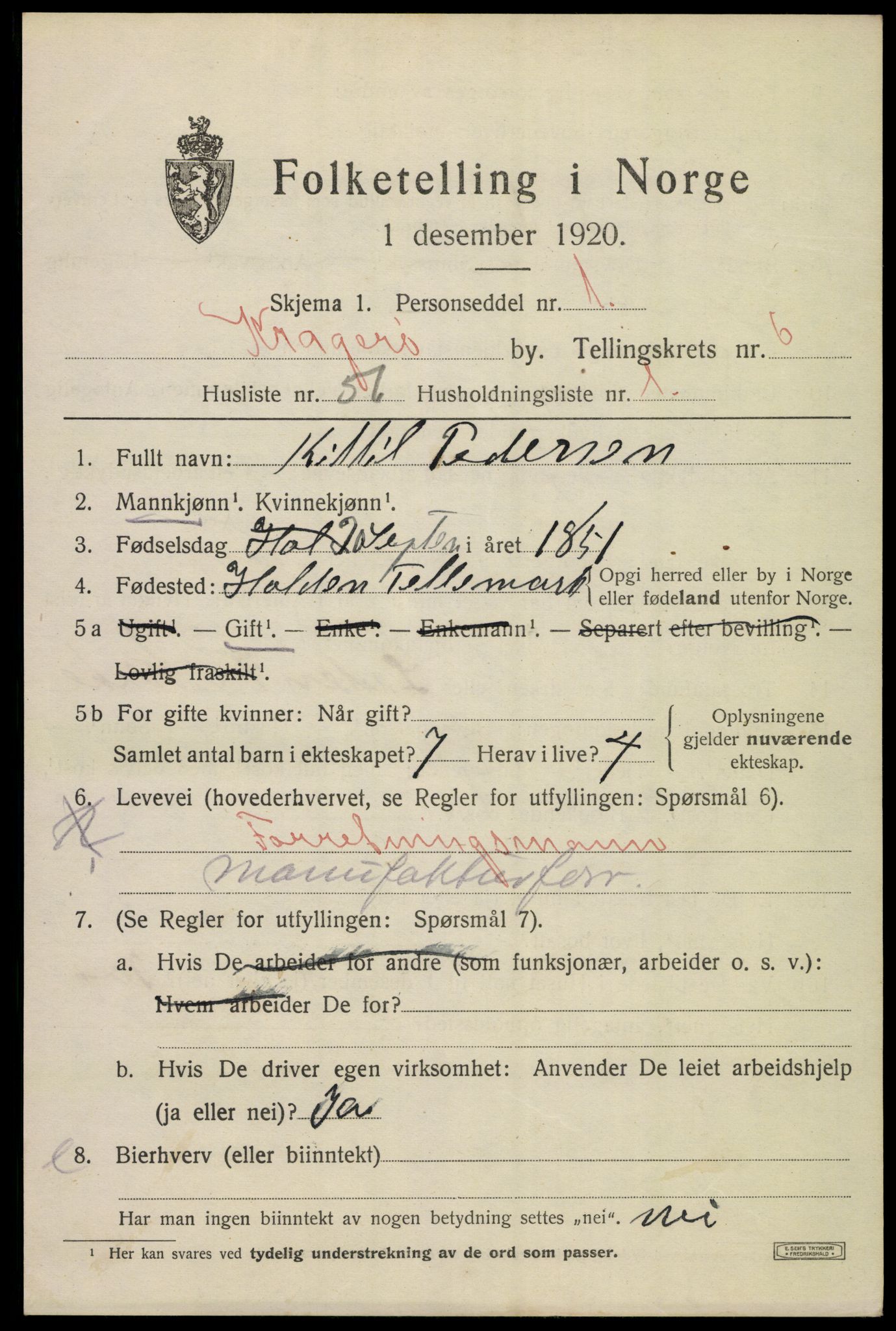 SAKO, 1920 census for Kragerø, 1920, p. 9699