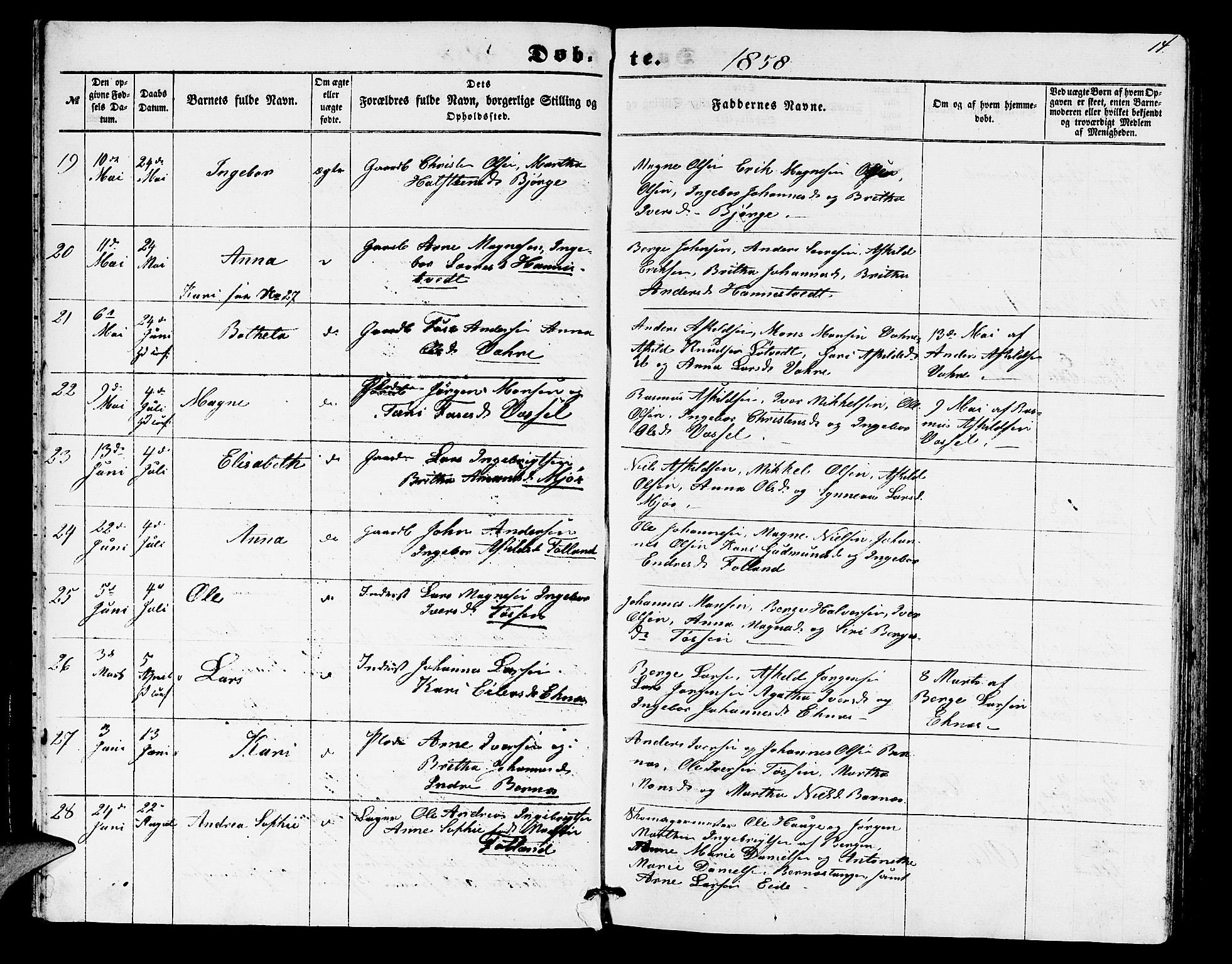 Hosanger sokneprestembete, AV/SAB-A-75801/H/Hab: Parish register (copy) no. A 2, 1857-1881, p. 14