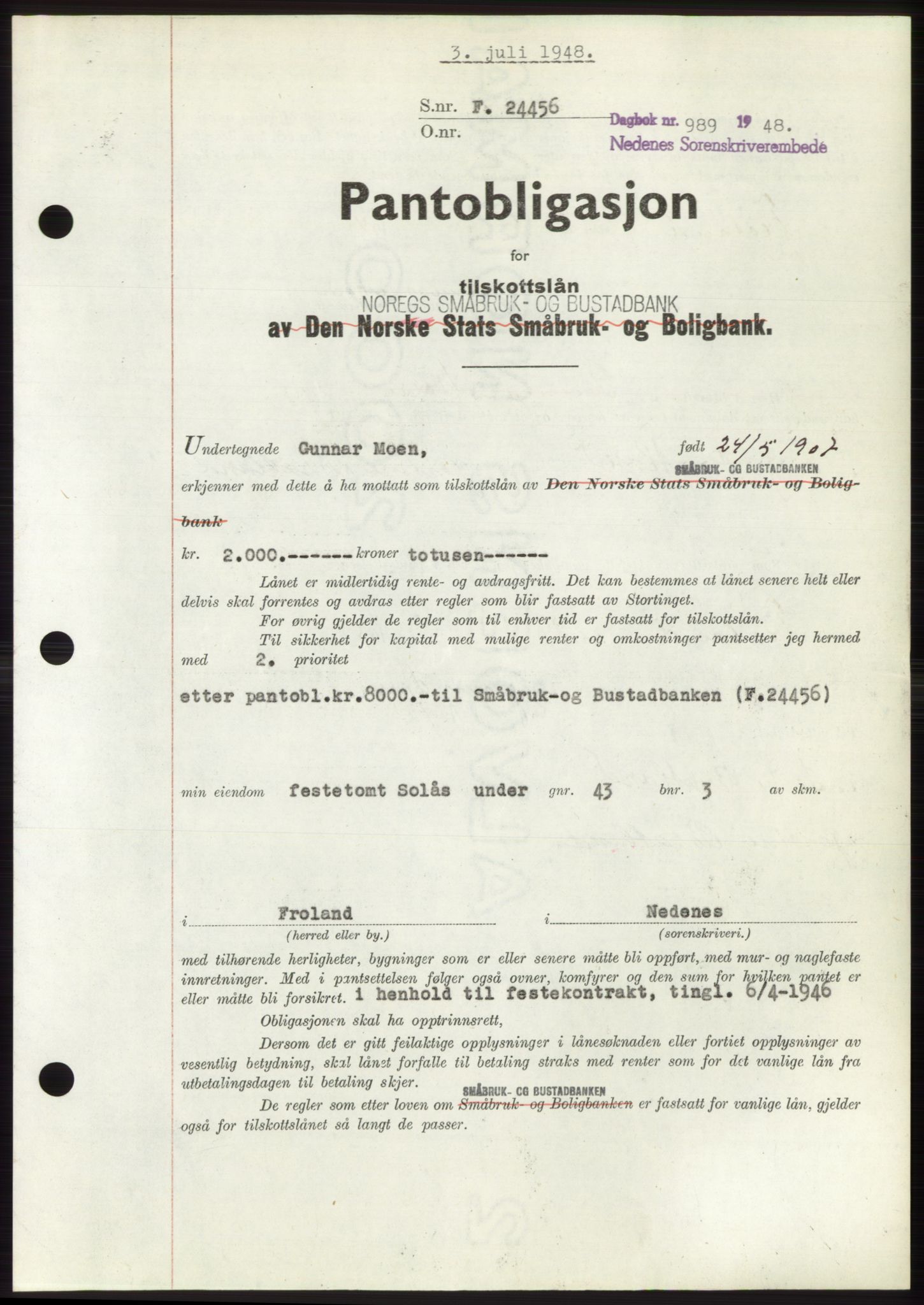 Nedenes sorenskriveri, AV/SAK-1221-0006/G/Gb/Gbb/L0005: Mortgage book no. B5, 1948-1948, Diary no: : 989/1948