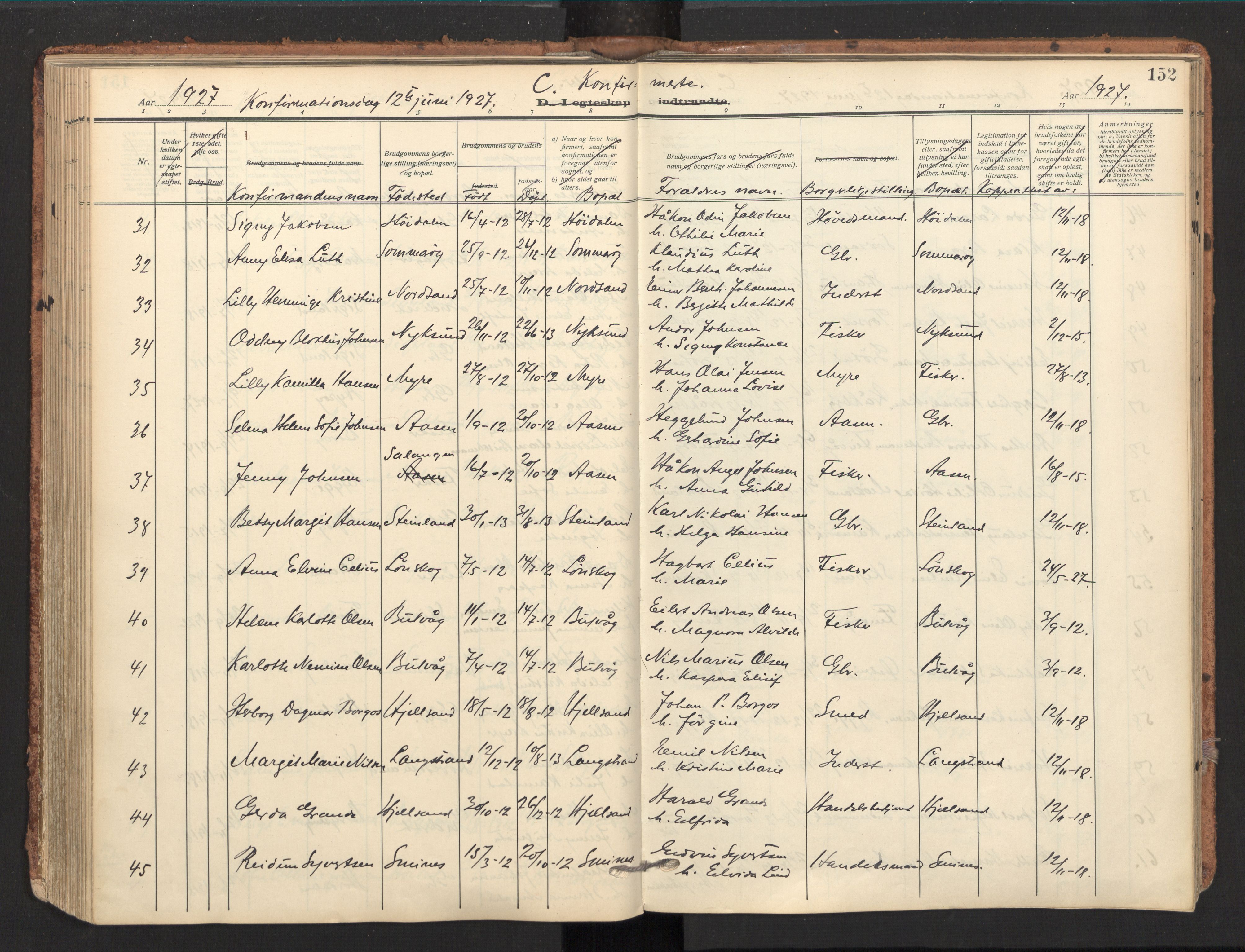 Ministerialprotokoller, klokkerbøker og fødselsregistre - Nordland, AV/SAT-A-1459/893/L1343: Parish register (official) no. 893A15, 1914-1928, p. 152