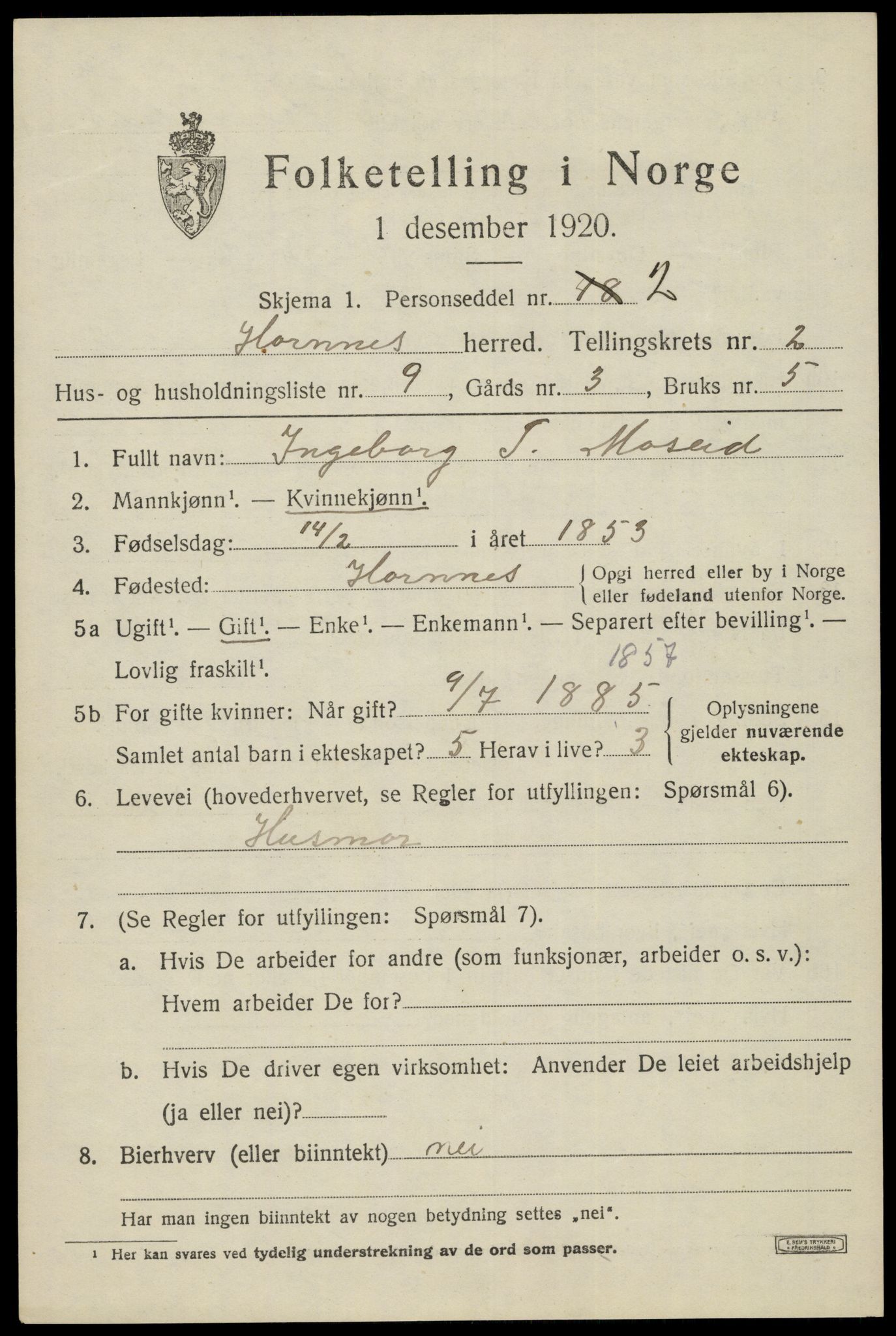 SAK, 1920 census for Hornnes, 1920, p. 795