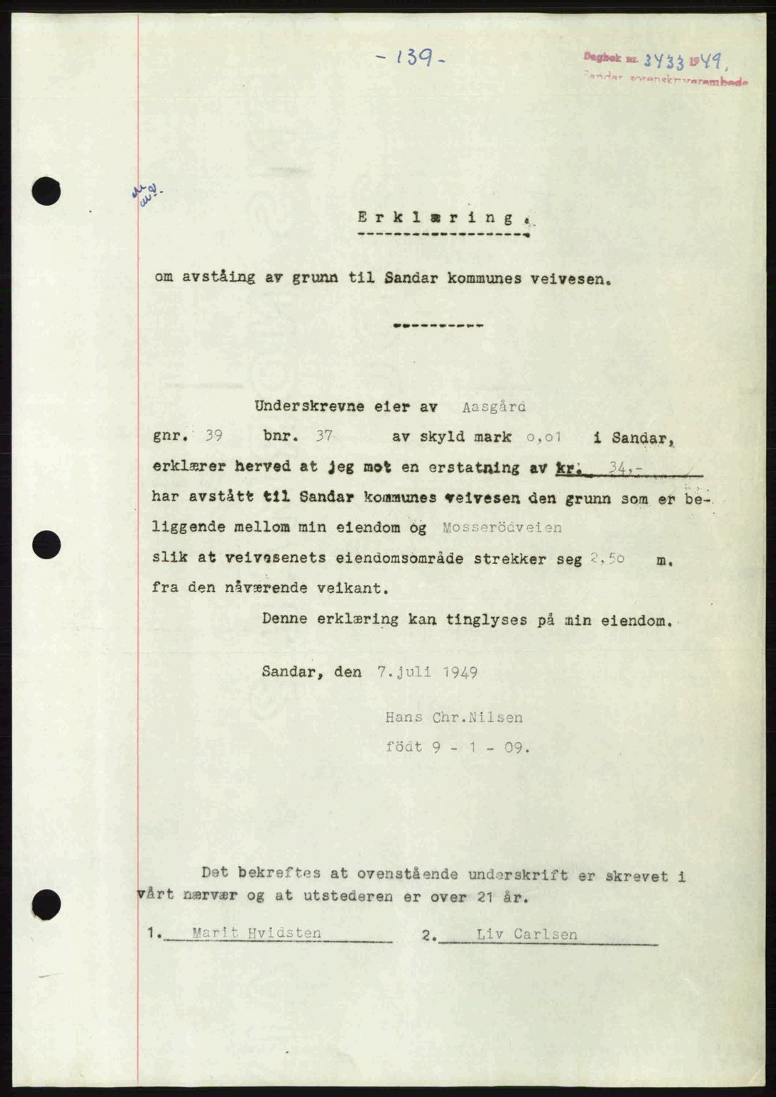 Sandar sorenskriveri, SAKO/A-86/G/Ga/Gaa/L0020: Mortgage book no. A-20, 1949-1950, Diary no: : 3433/1949