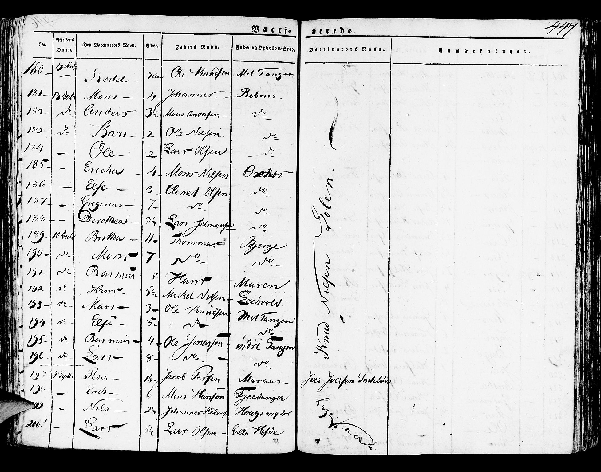 Lindås Sokneprestembete, AV/SAB-A-76701/H/Haa/Haaa/L0008: Parish register (official) no. A 8, 1823-1836, p. 447