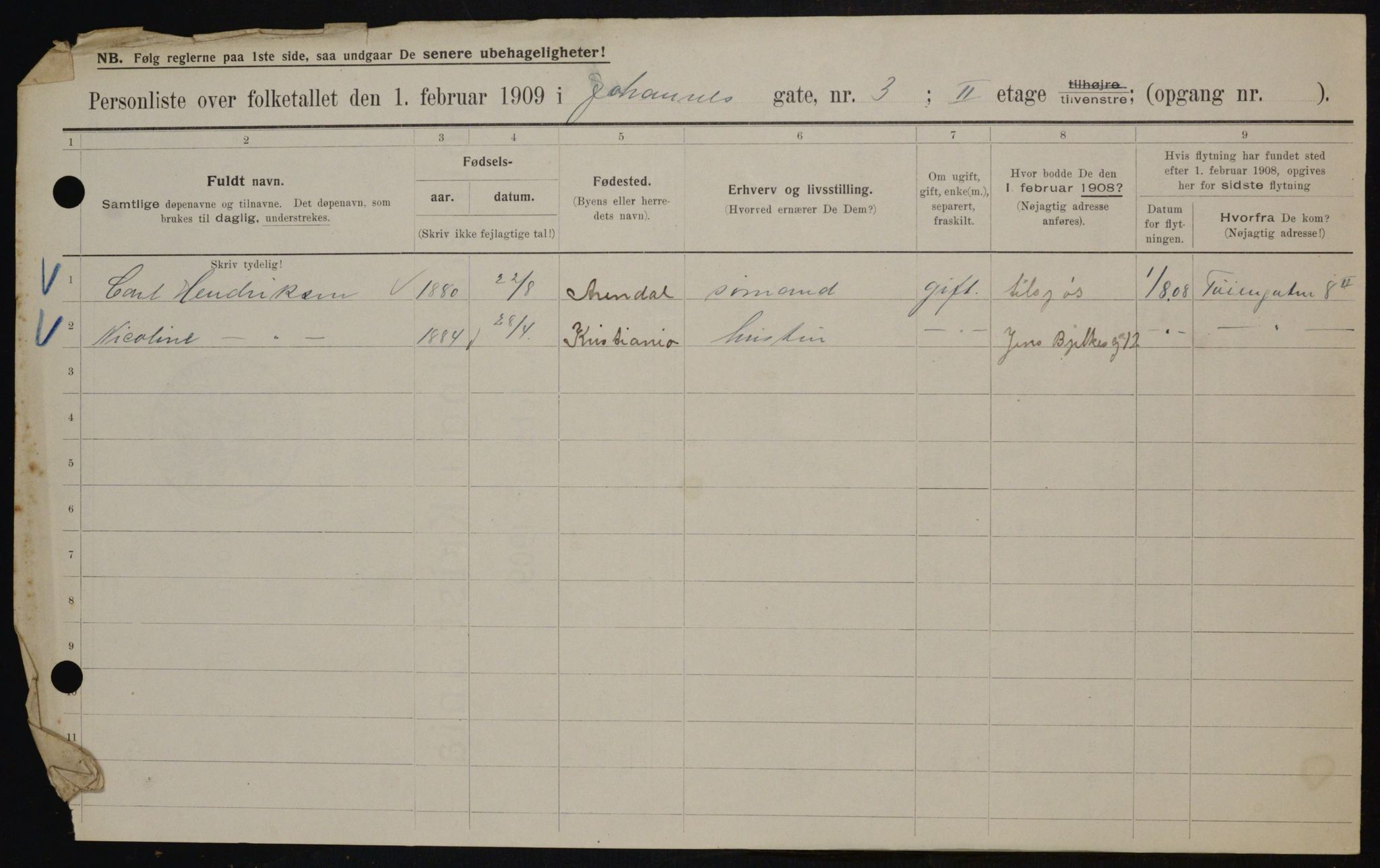 OBA, Municipal Census 1909 for Kristiania, 1909, p. 43072