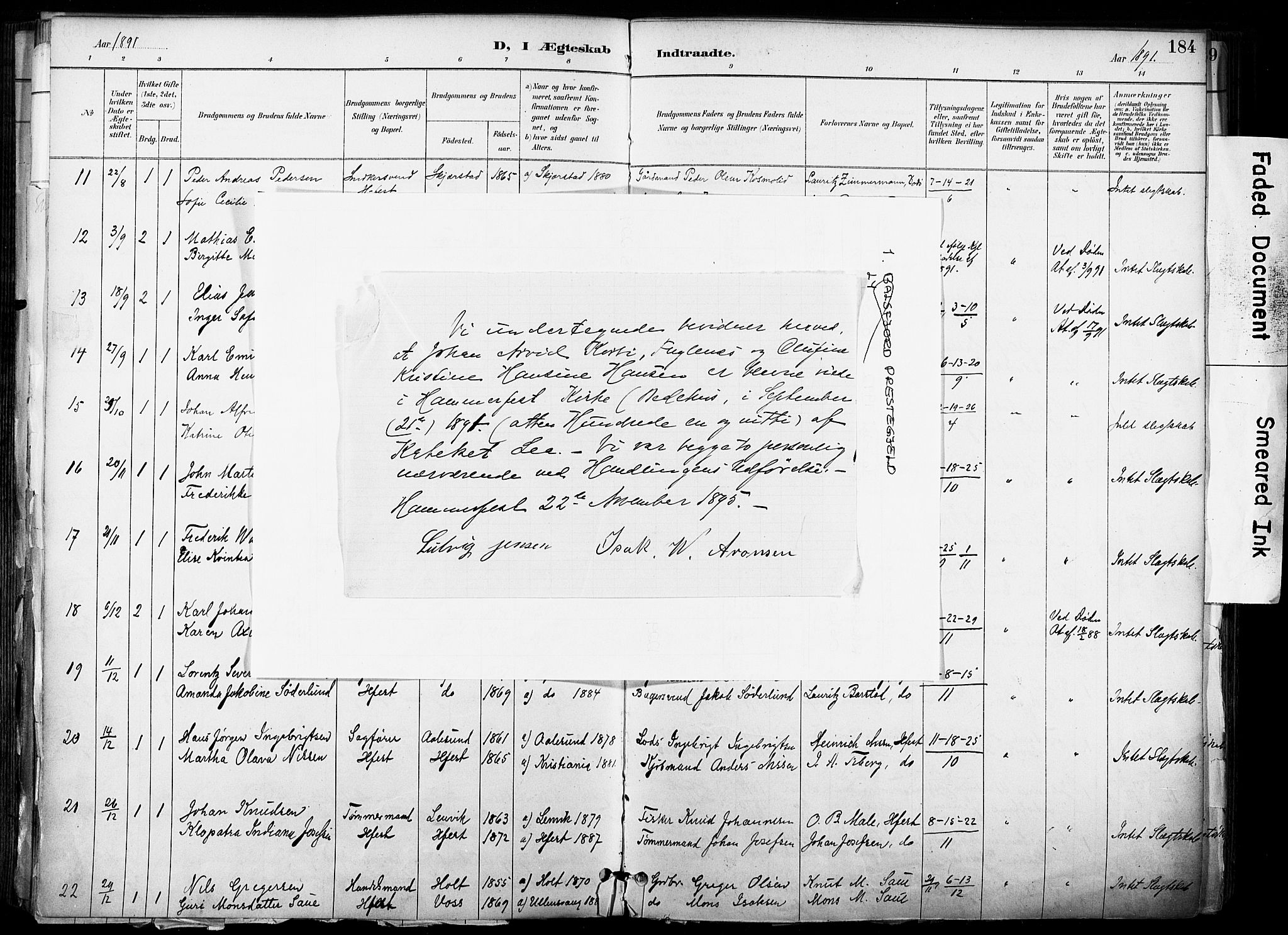Hammerfest sokneprestkontor, SATØ/S-1347/H/Ha/L0009.kirke: Parish register (official) no. 9, 1889-1897, p. 184