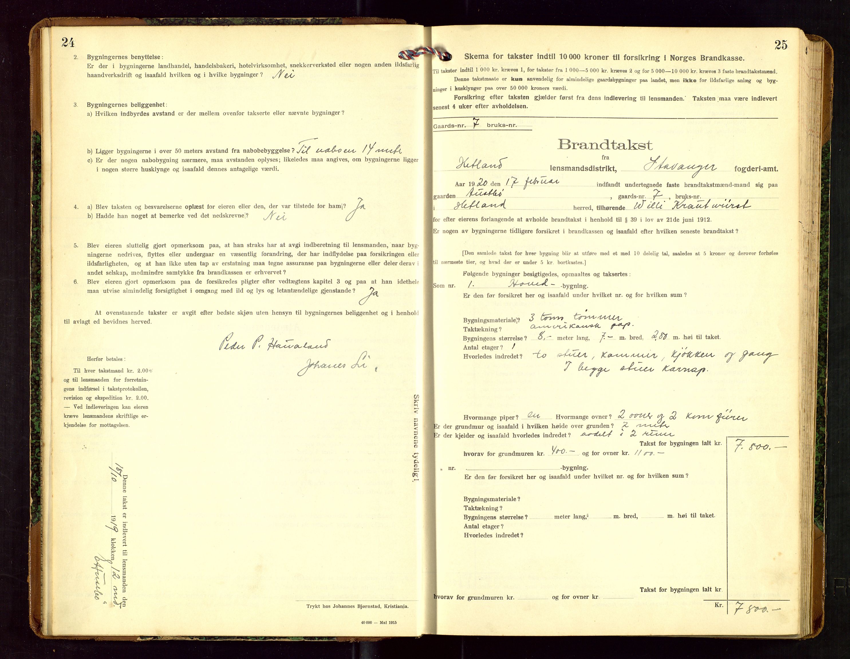 Hetland lensmannskontor, SAST/A-100101/Gob/L0002: "Brandtakstprotokol", 1918-1932, p. 24-25