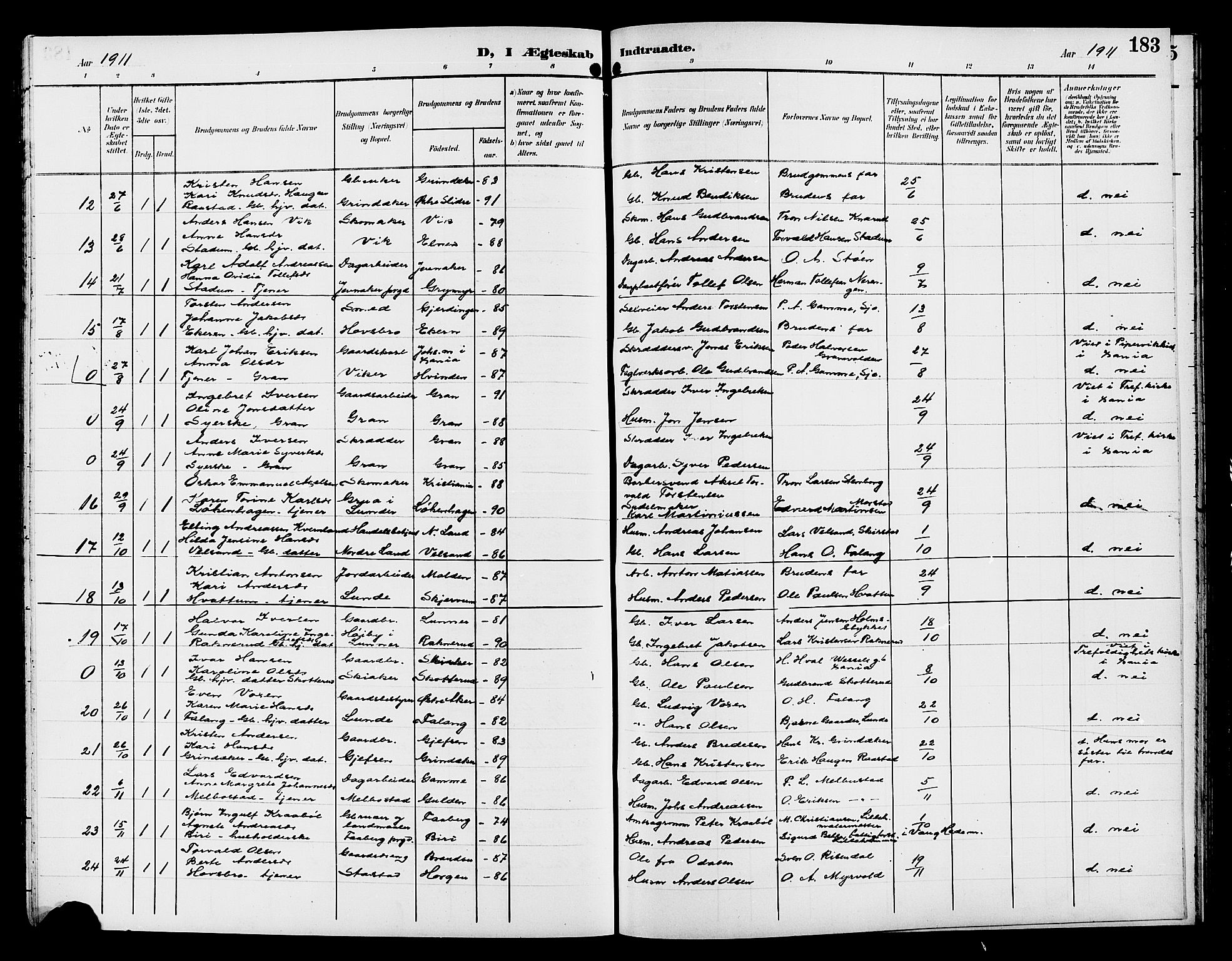 Gran prestekontor, SAH/PREST-112/H/Ha/Hab/L0006: Parish register (copy) no. 6, 1901-1911, p. 183