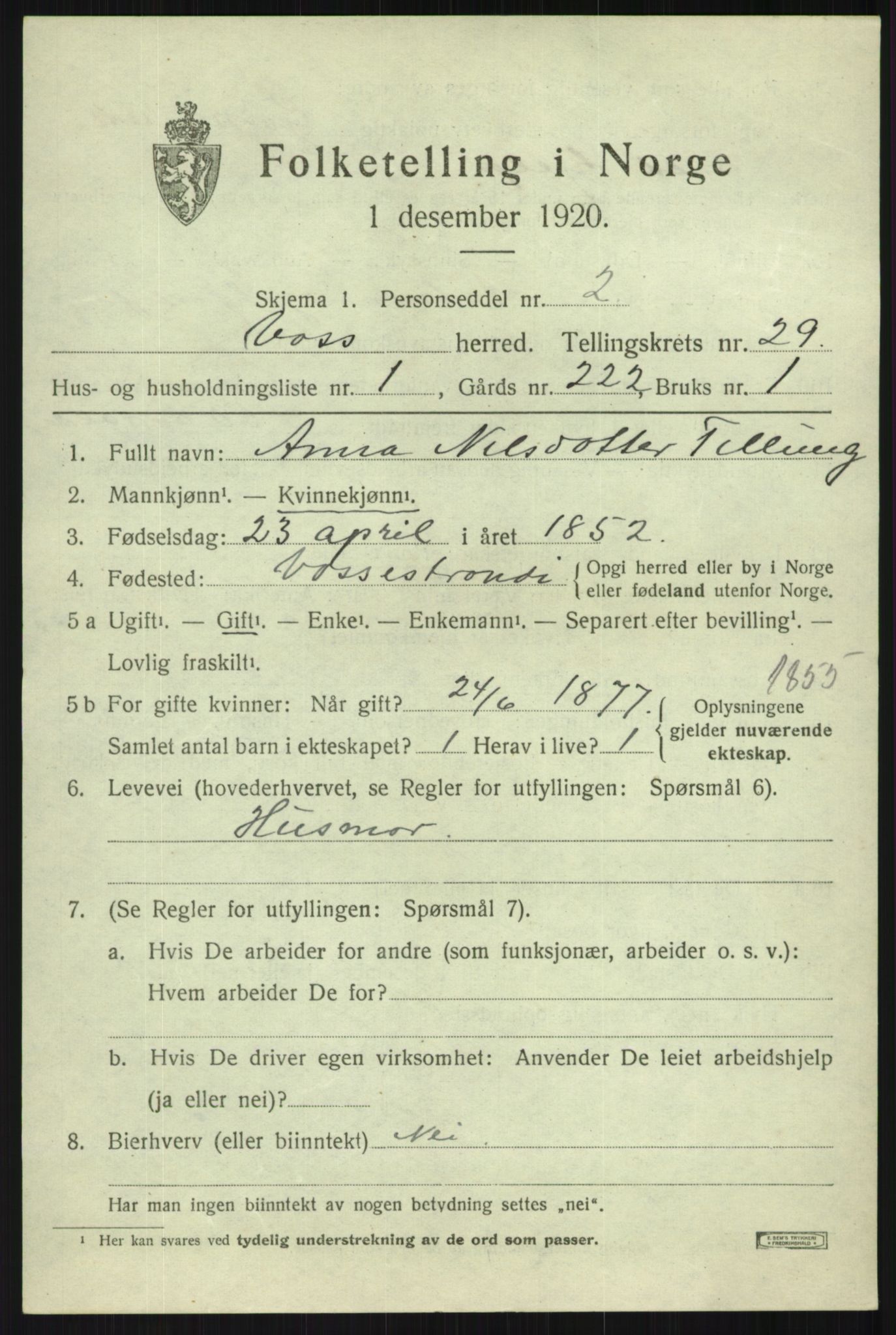 SAB, 1920 census for Voss, 1920, p. 19261