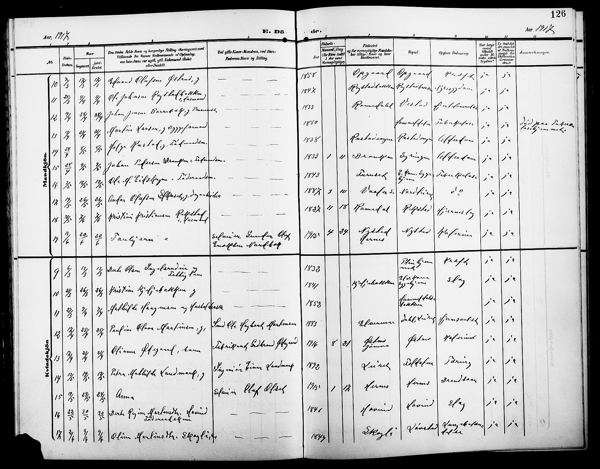 Elverum prestekontor, AV/SAH-PREST-044/H/Ha/Hab/L0009: Parish register (copy) no. 9, 1908-1921, p. 126