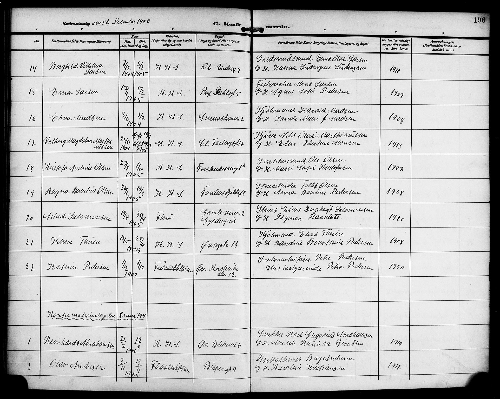 Korskirken sokneprestembete, SAB/A-76101/H/Haa/L0031: Parish register (official) no. C 7, 1907-1921, p. 196