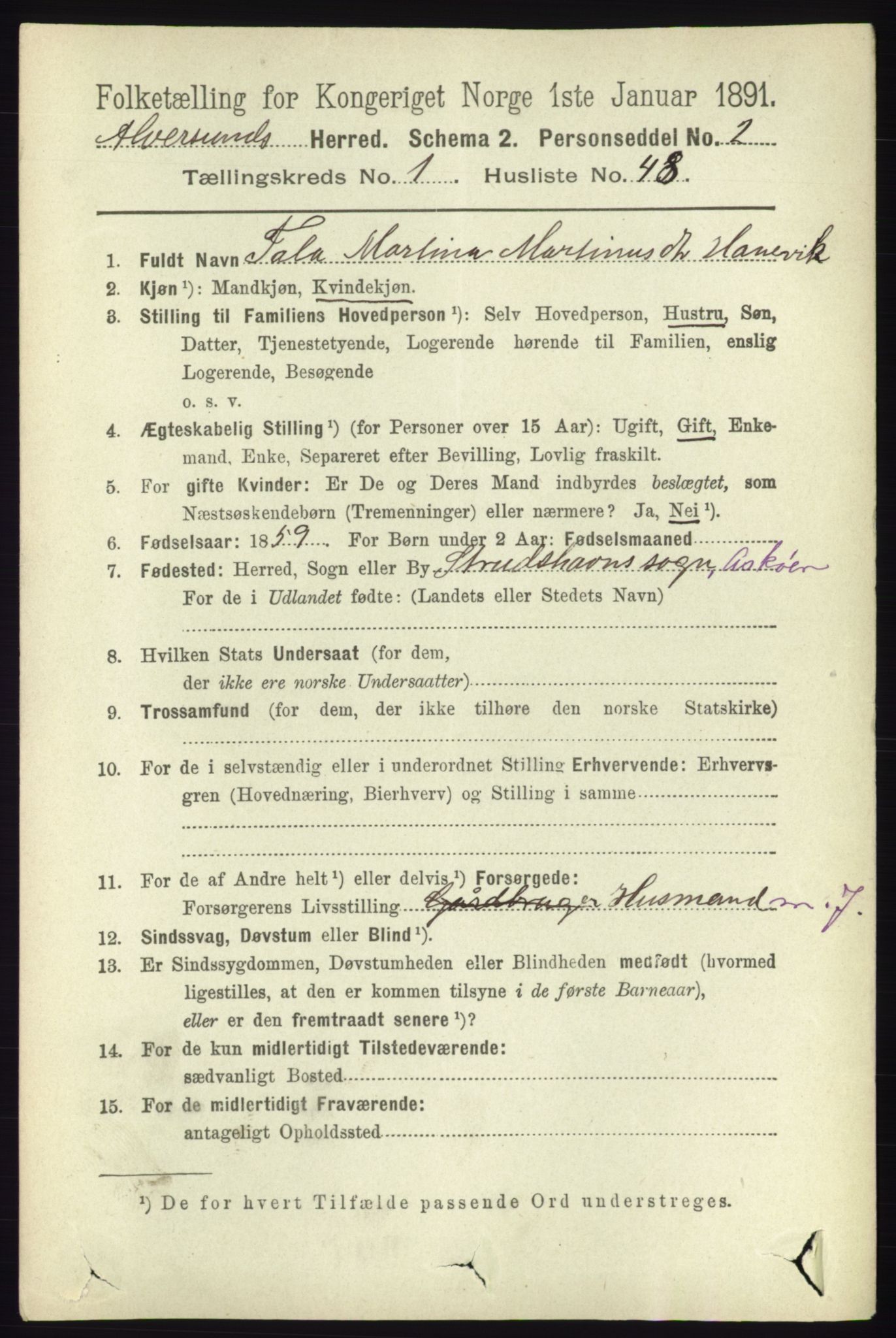 RA, 1891 census for 1257 Alversund, 1891, p. 377