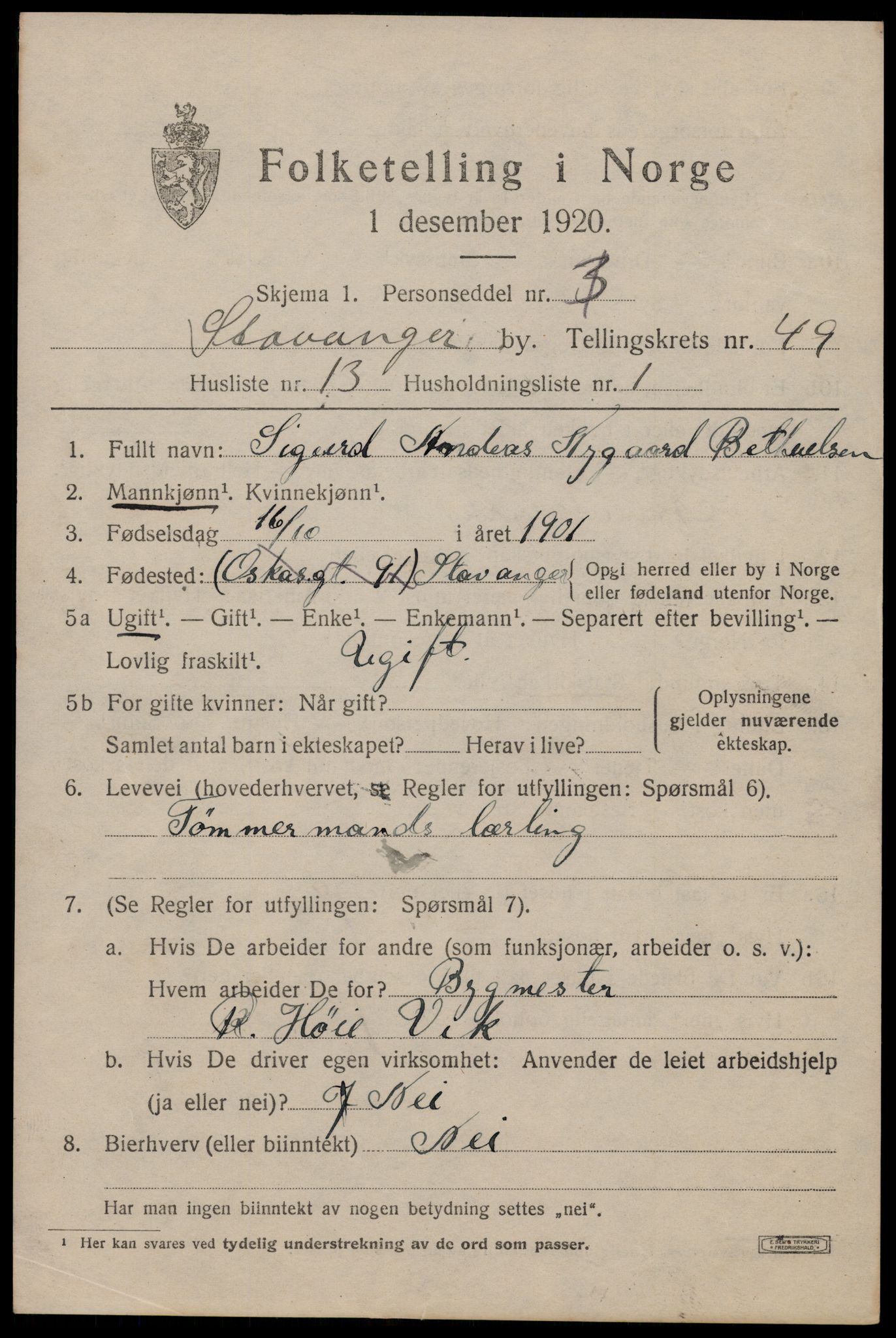 SAST, 1920 census for Stavanger, 1920, p. 118588