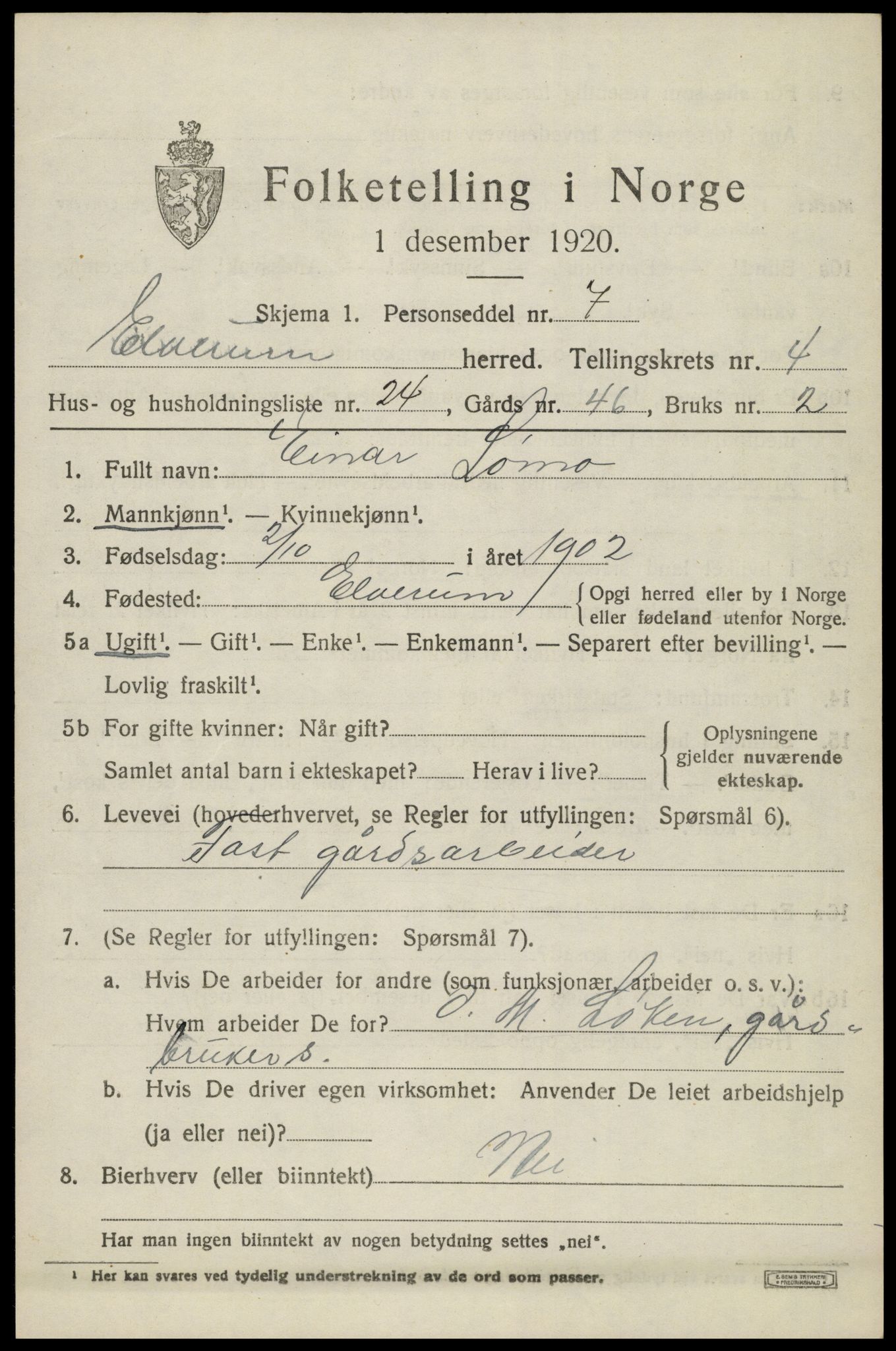 SAH, 1920 census for Elverum, 1920, p. 6926