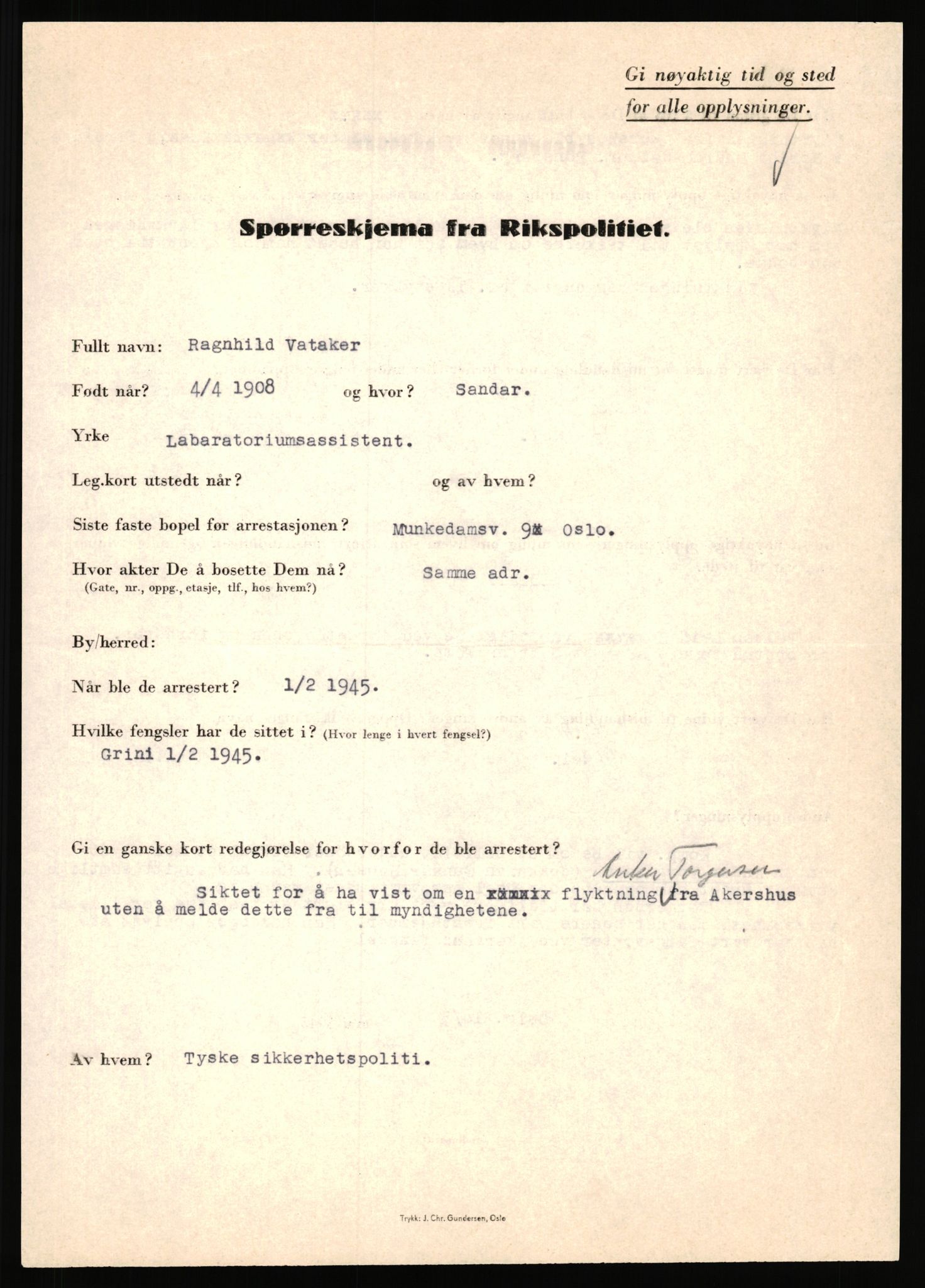 Rikspolitisjefen, AV/RA-S-1560/L/L0017: Tidemann, Hermann G. - Veum, Tjostolv, 1940-1945, p. 960