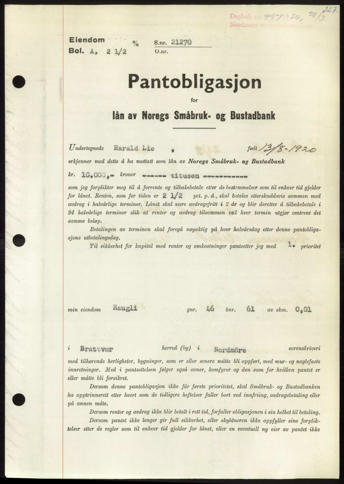 Nordmøre sorenskriveri, AV/SAT-A-4132/1/2/2Ca: Mortgage book no. B104, 1950-1950, Diary no: : 997/1950