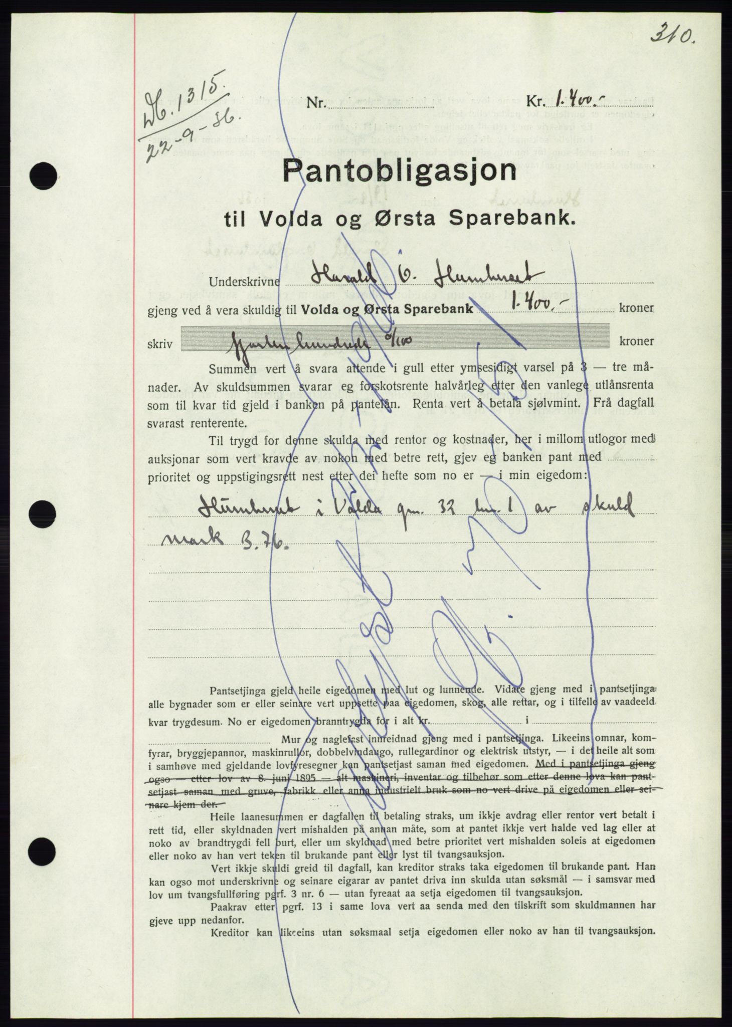 Søre Sunnmøre sorenskriveri, AV/SAT-A-4122/1/2/2C/L0061: Mortgage book no. 55, 1936-1936, Diary no: : 1315/1936