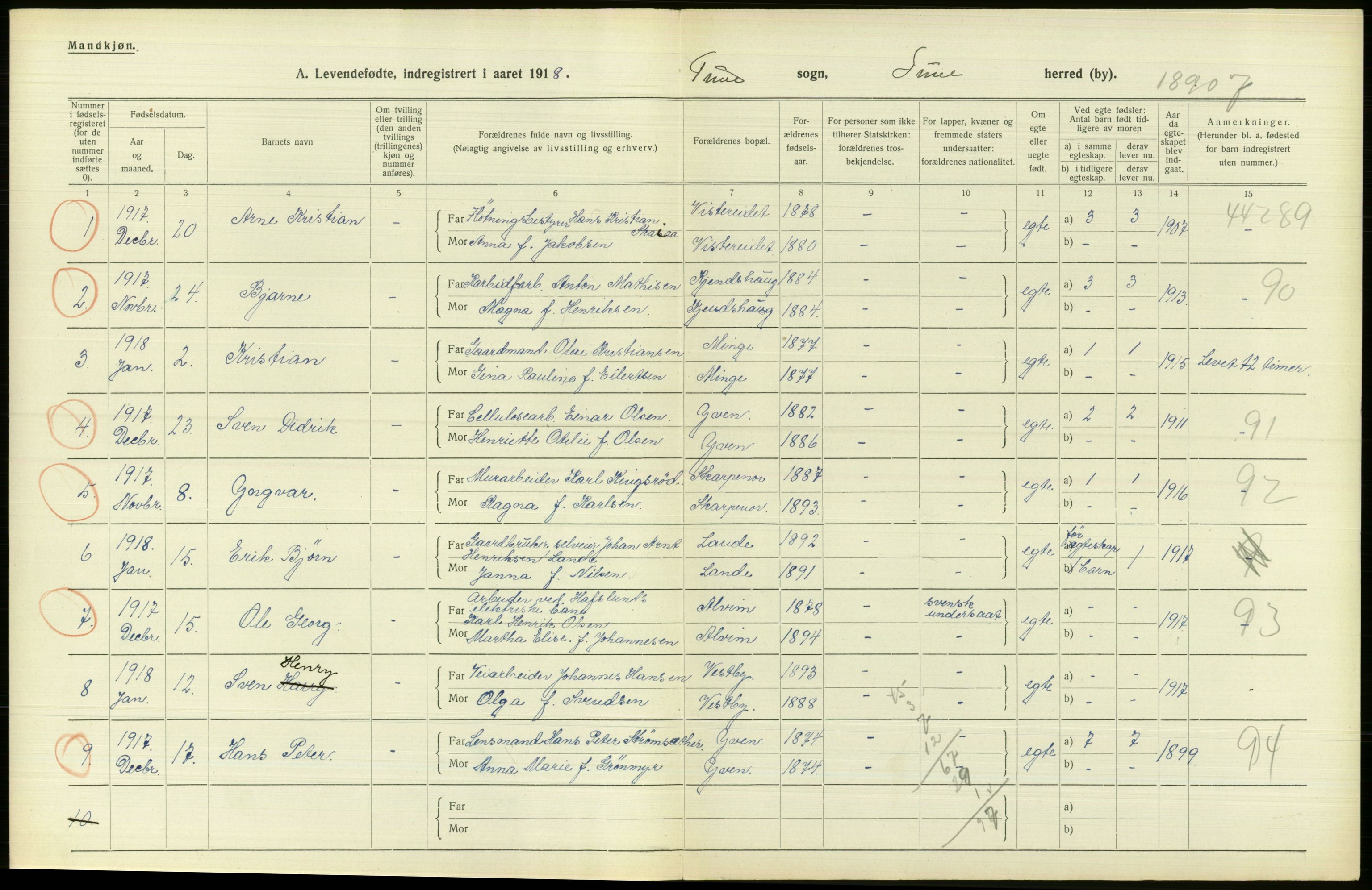 Statistisk sentralbyrå, Sosiodemografiske emner, Befolkning, RA/S-2228/D/Df/Dfb/Dfbh/L0001: Østfold fylke: Levendefødte menn og kvinner. Bygder., 1918, p. 112