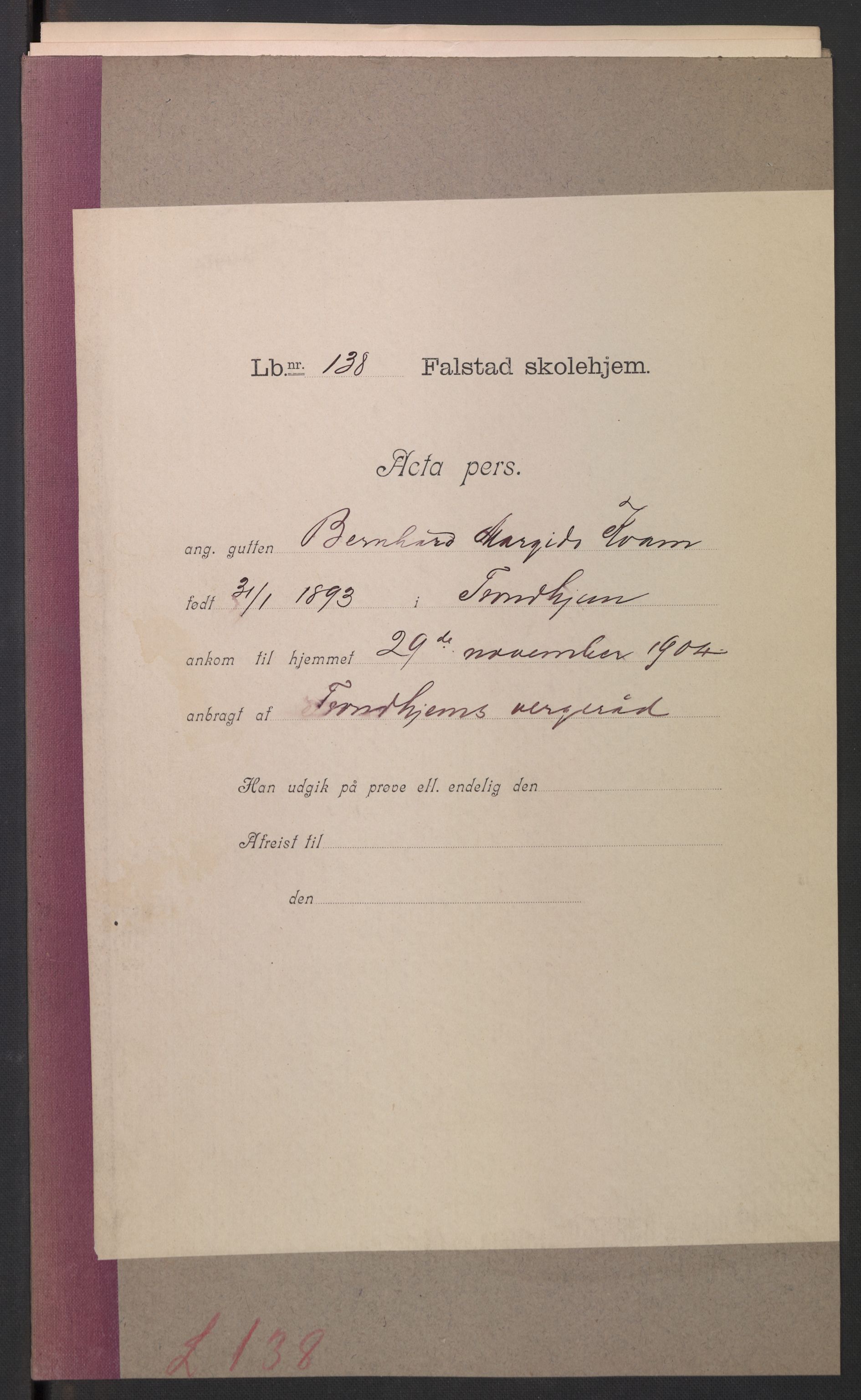 Falstad skolehjem, AV/RA-S-1676/E/Eb/L0006: Elevmapper løpenr. 121-145, 1903-1910, p. 262