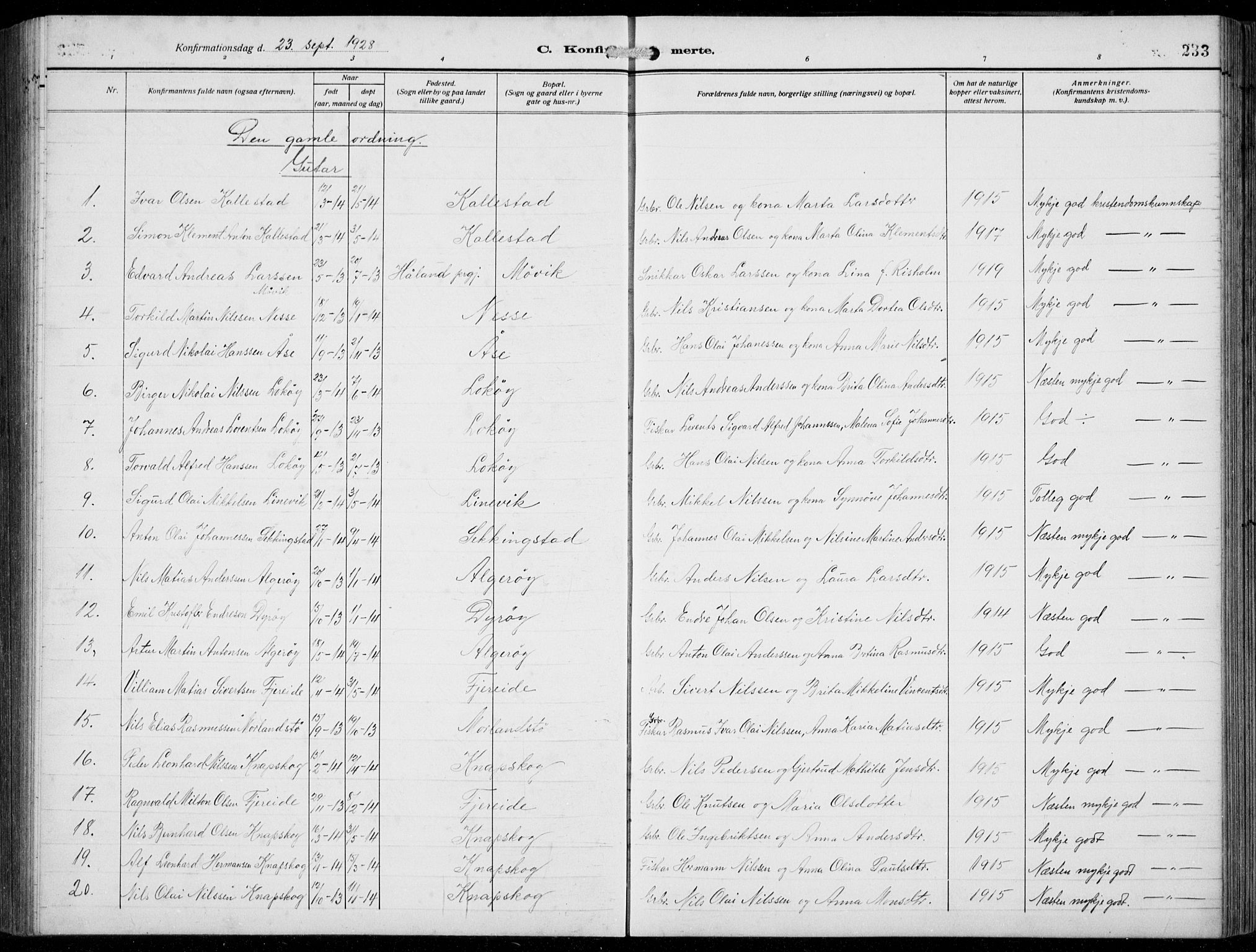 Fjell sokneprestembete, SAB/A-75301/H/Hab: Parish register (copy) no. A  6, 1918-1936, p. 233