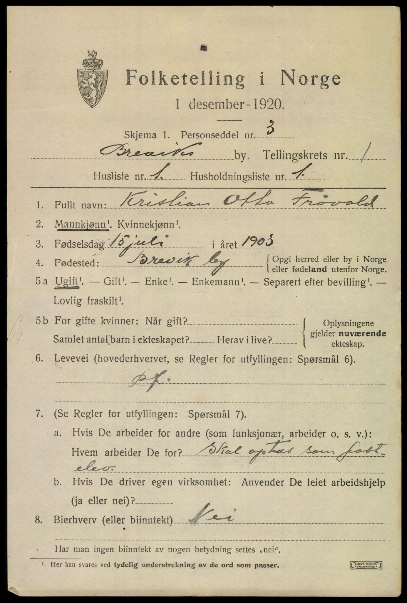 SAKO, 1920 census for Brevik, 1920, p. 2144