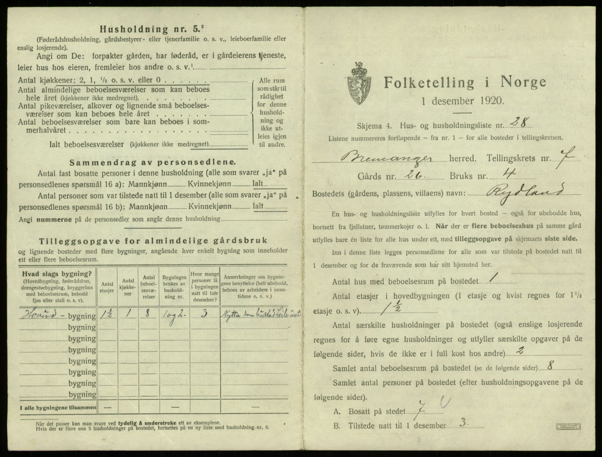SAB, 1920 census for Bremanger, 1920, p. 619