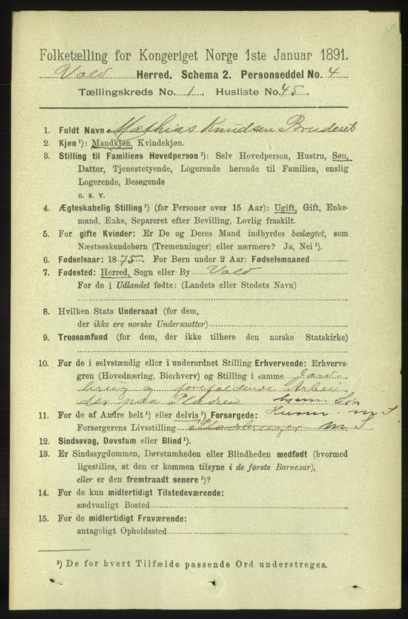 RA, 1891 census for 1537 Voll, 1891, p. 371