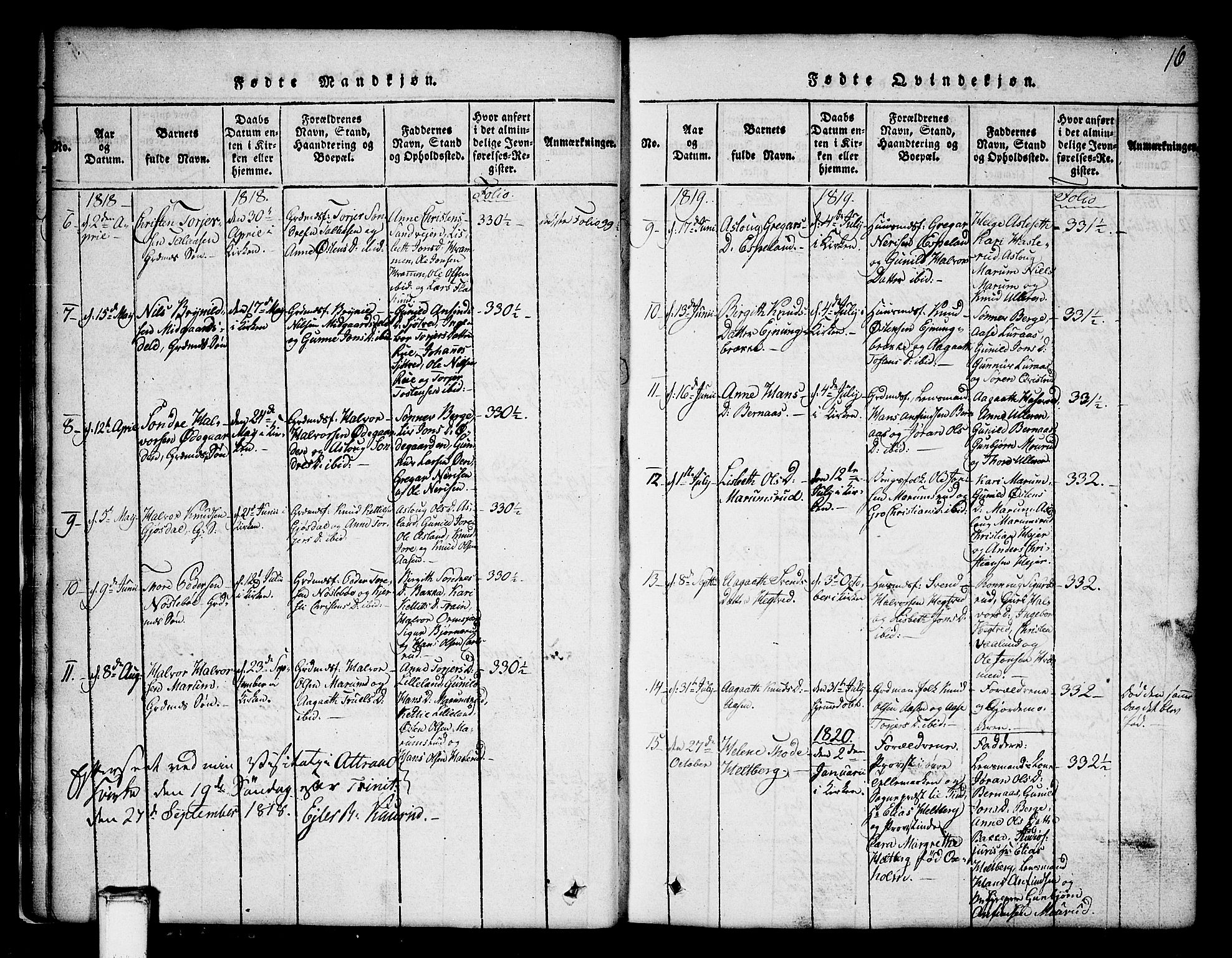 Tinn kirkebøker, SAKO/A-308/G/Ga/L0001: Parish register (copy) no. I 1, 1815-1850, p. 16