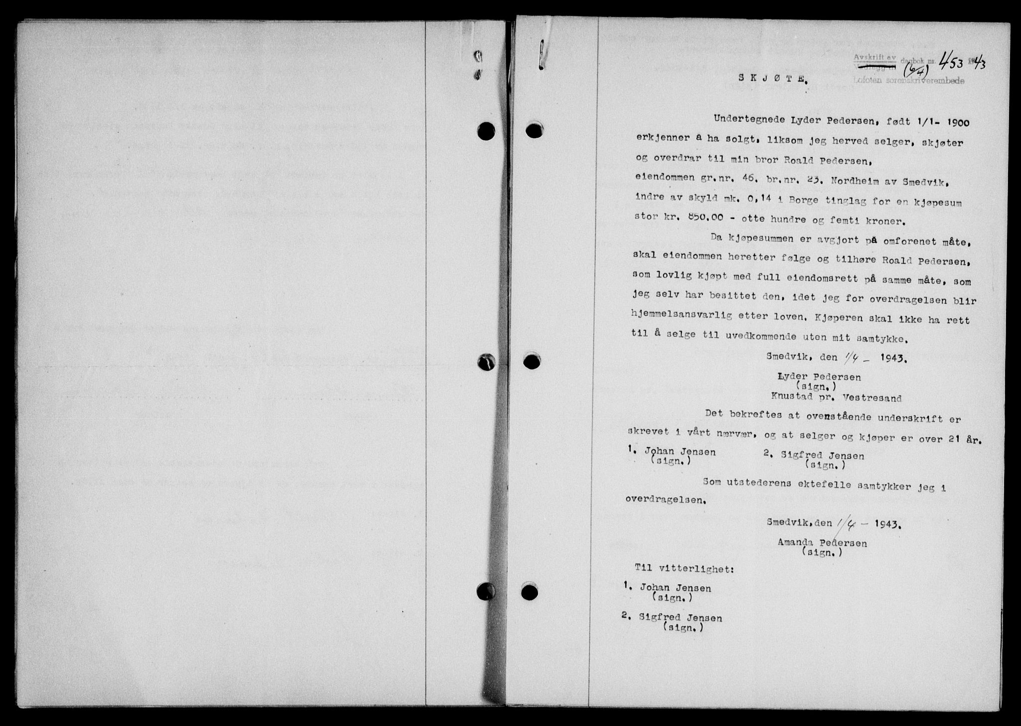 Lofoten sorenskriveri, SAT/A-0017/1/2/2C/L0011a: Mortgage book no. 11a, 1943-1943, Diary no: : 453/1943