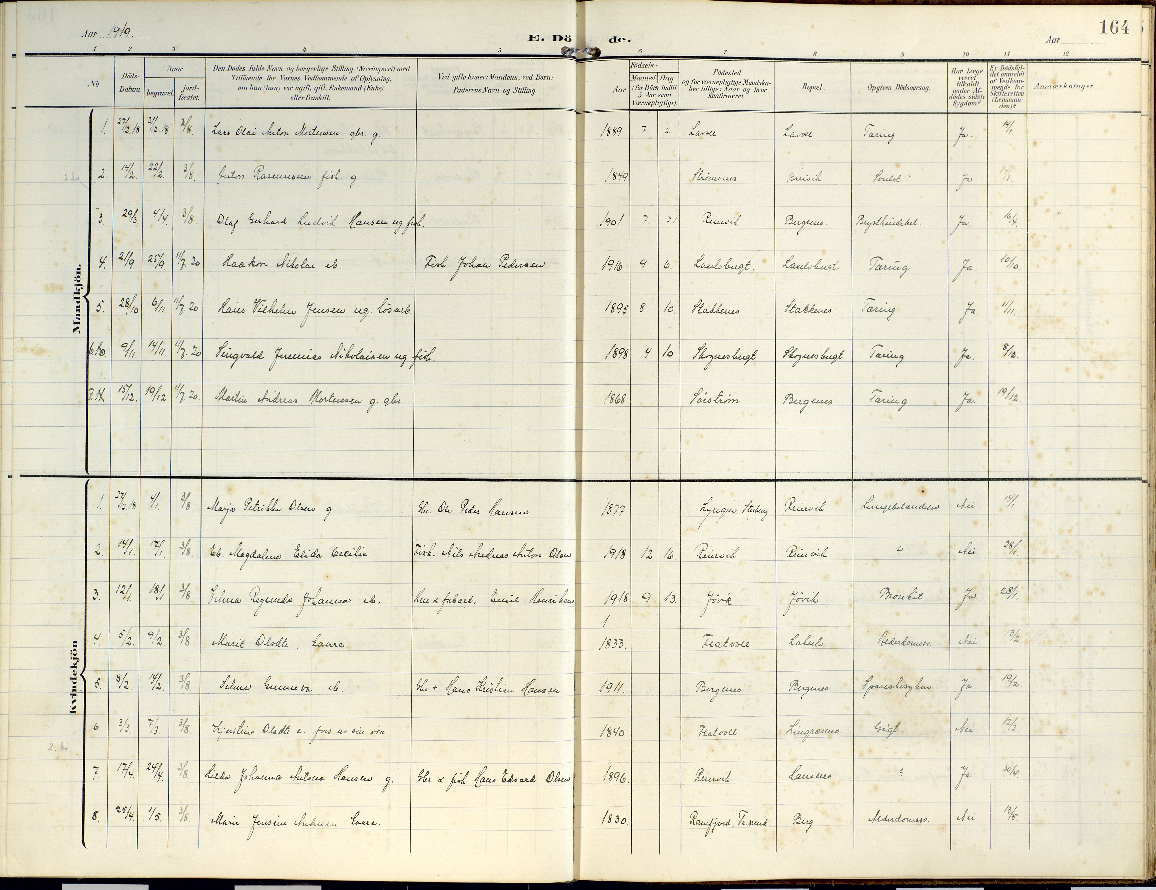 Lyngen sokneprestembete, SATØ/S-1289/H/He/Hea/L0014kirke: Parish register (official) no. 14, 1905-1920, p. 164