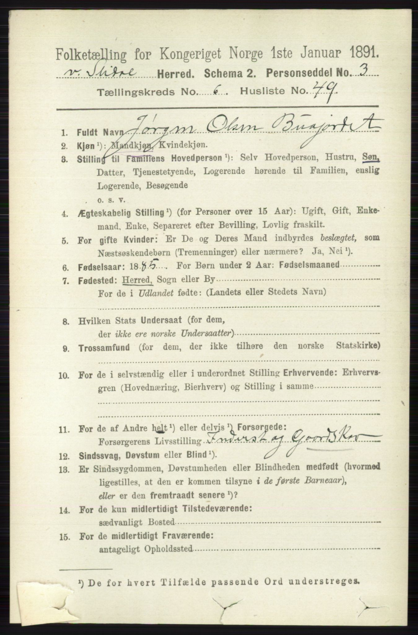 RA, 1891 census for 0543 Vestre Slidre, 1891, p. 2369