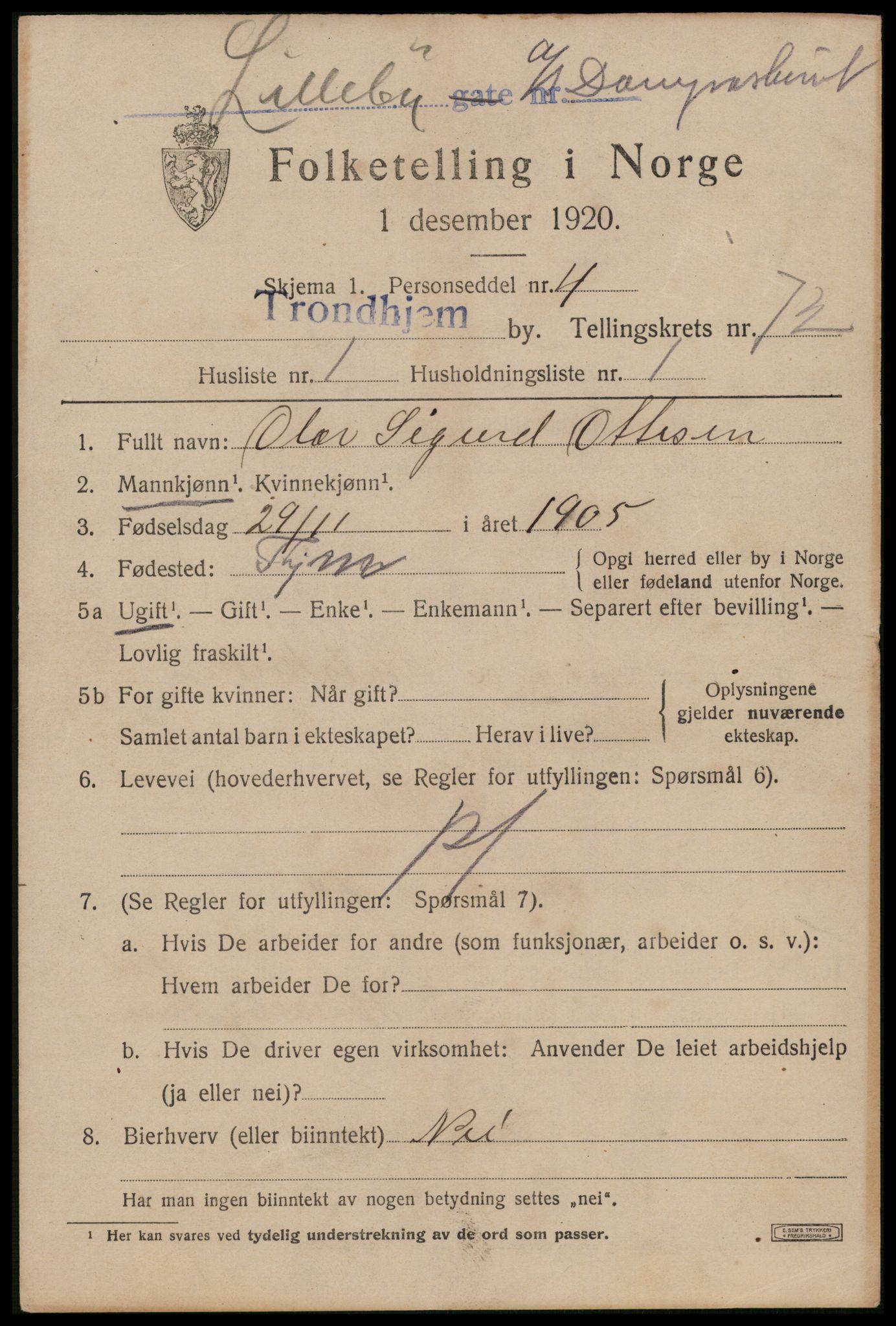 SAT, 1920 census for Trondheim, 1920, p. 141050