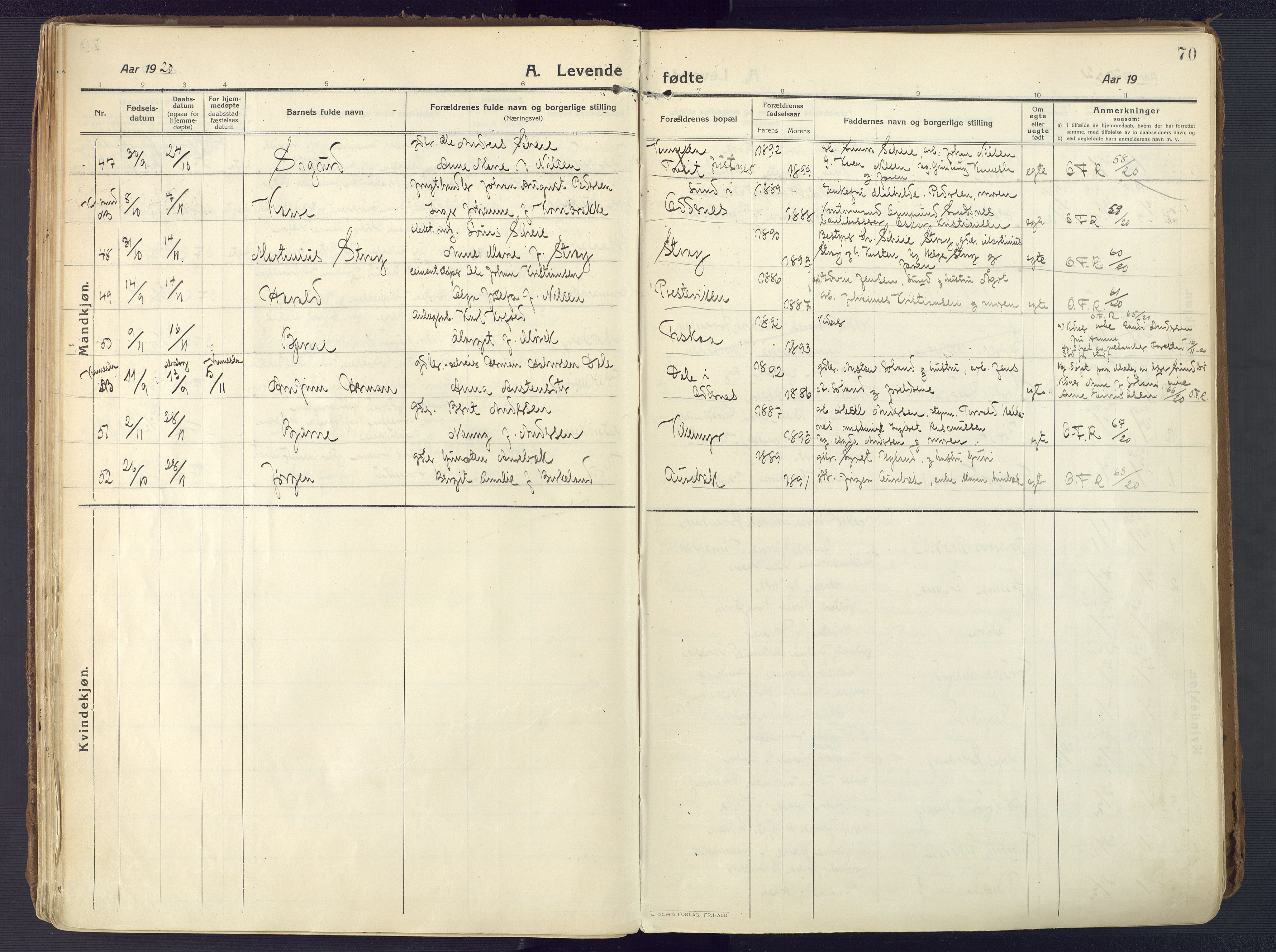 Oddernes sokneprestkontor, AV/SAK-1111-0033/F/Fa/Faa/L0012: Parish register (official) no. A 12, 1912-1925, p. 70