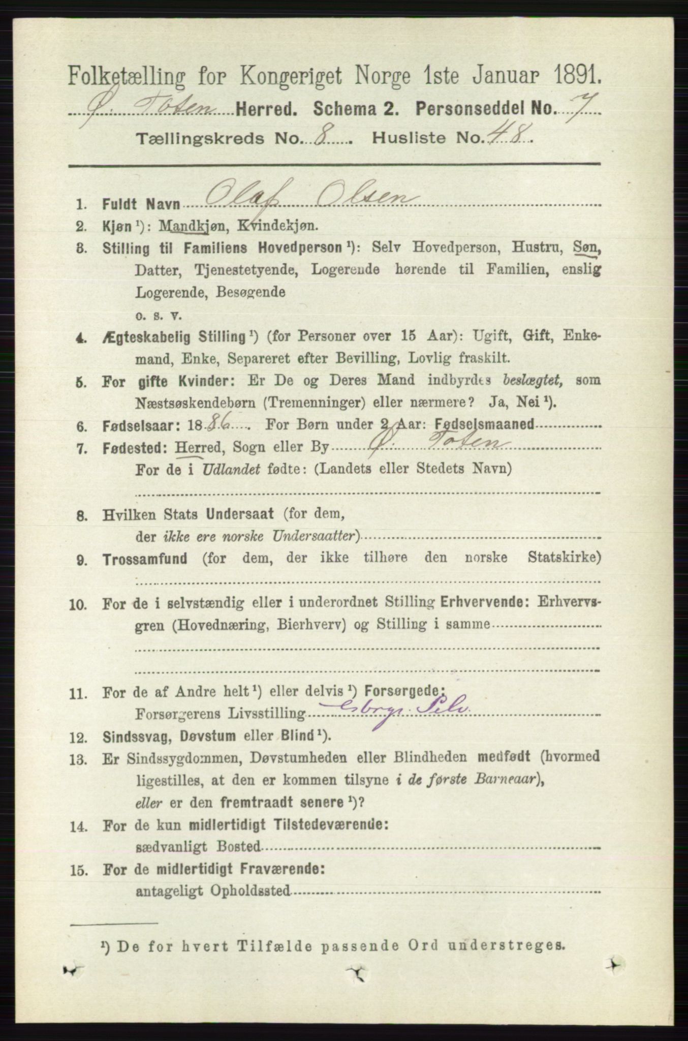 RA, 1891 census for 0528 Østre Toten, 1891, p. 5298