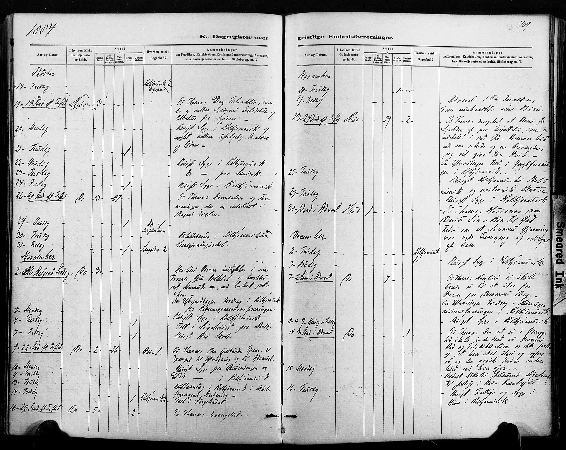 Hisøy sokneprestkontor, AV/SAK-1111-0020/F/Fa/L0003: Parish register (official) no. A 3, 1881-1894, p. 409