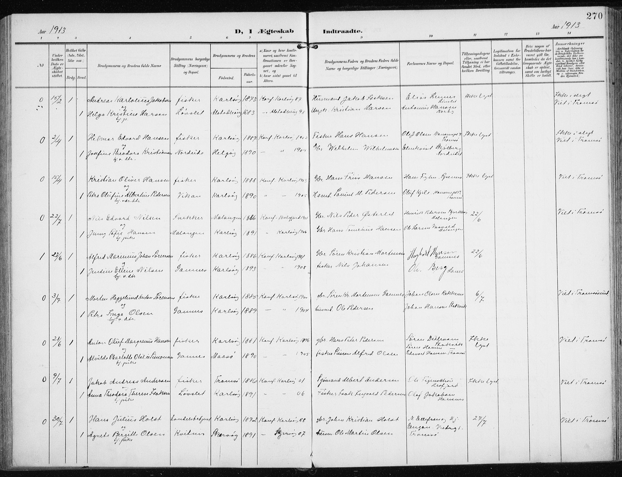 Karlsøy sokneprestembete, SATØ/S-1299/H/Ha/Haa/L0014kirke: Parish register (official) no. 14, 1903-1917, p. 270