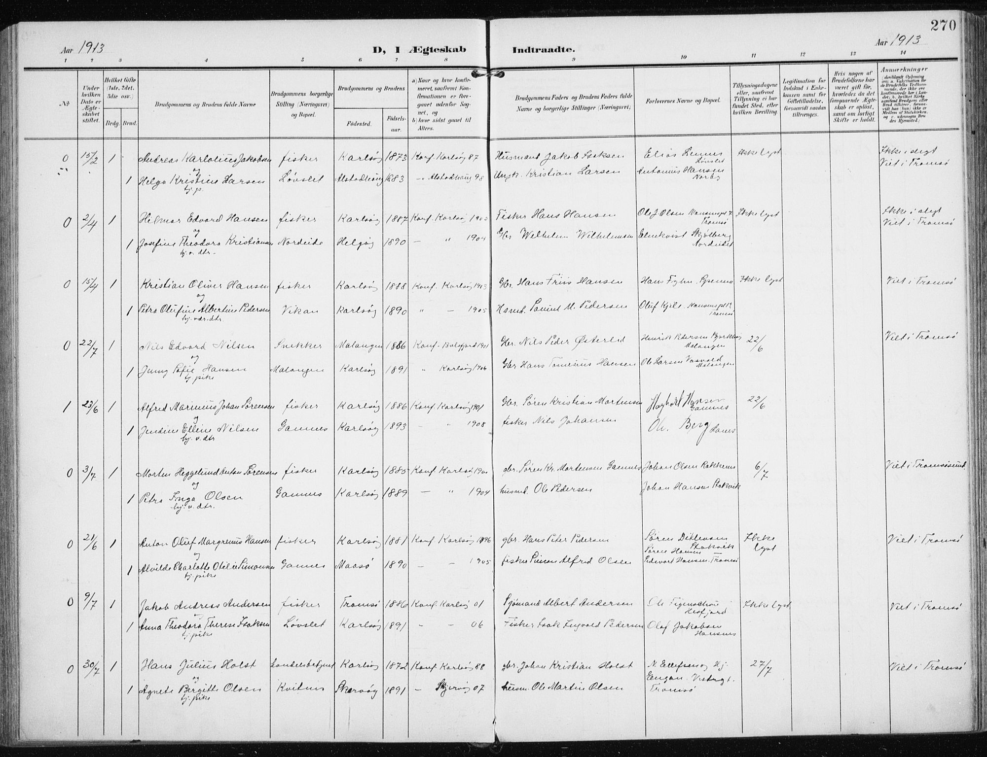 Karlsøy sokneprestembete, AV/SATØ-S-1299/H/Ha/Haa/L0014kirke: Parish register (official) no. 14, 1903-1917, p. 270