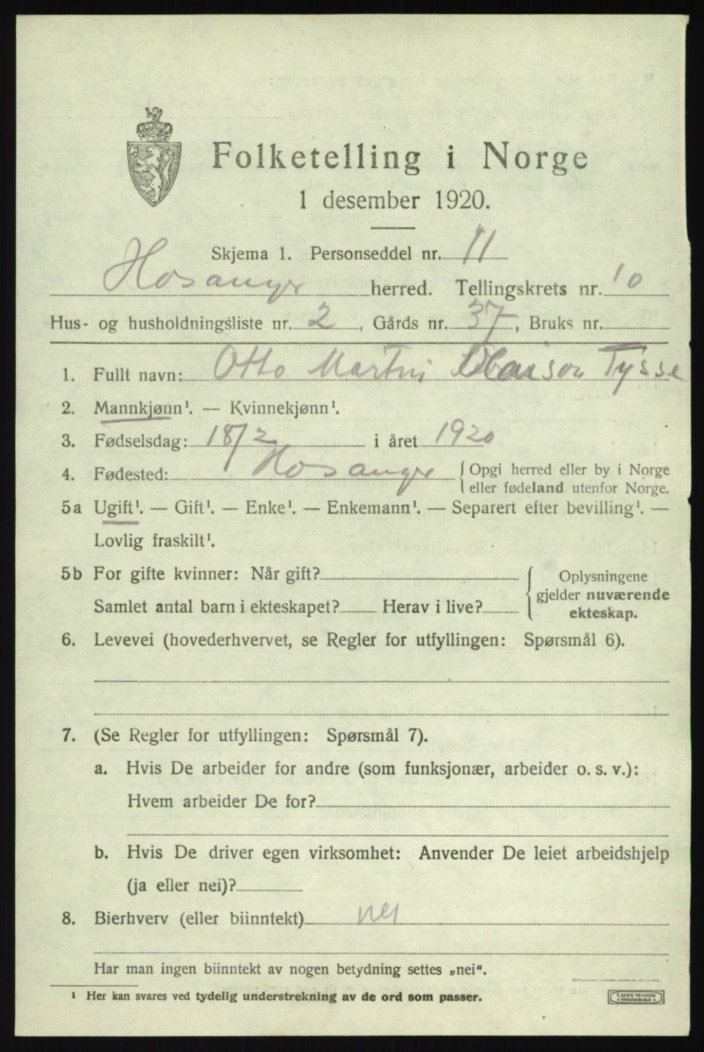 SAB, 1920 census for Hosanger, 1920, p. 4231