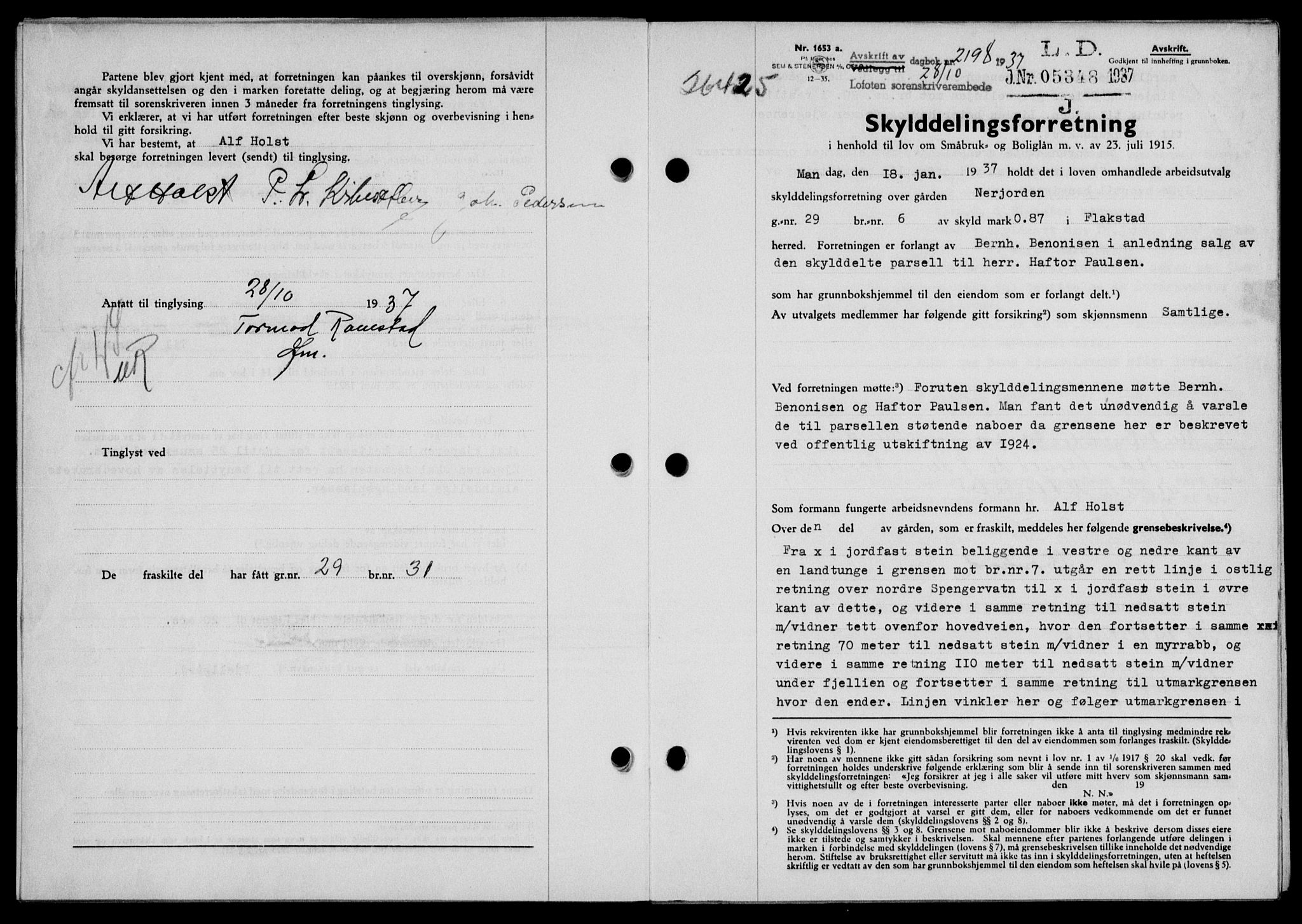 Lofoten sorenskriveri, SAT/A-0017/1/2/2C/L0003a: Mortgage book no. 3a, 1937-1938, Diary no: : 2198/1937