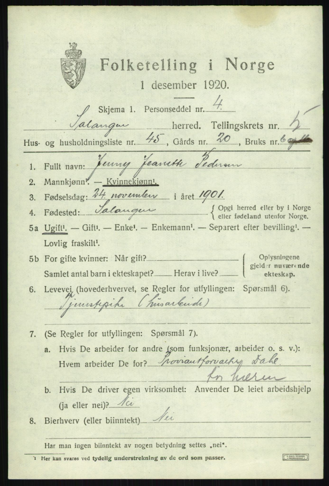 SATØ, 1920 census for Salangen, 1920, p. 3914