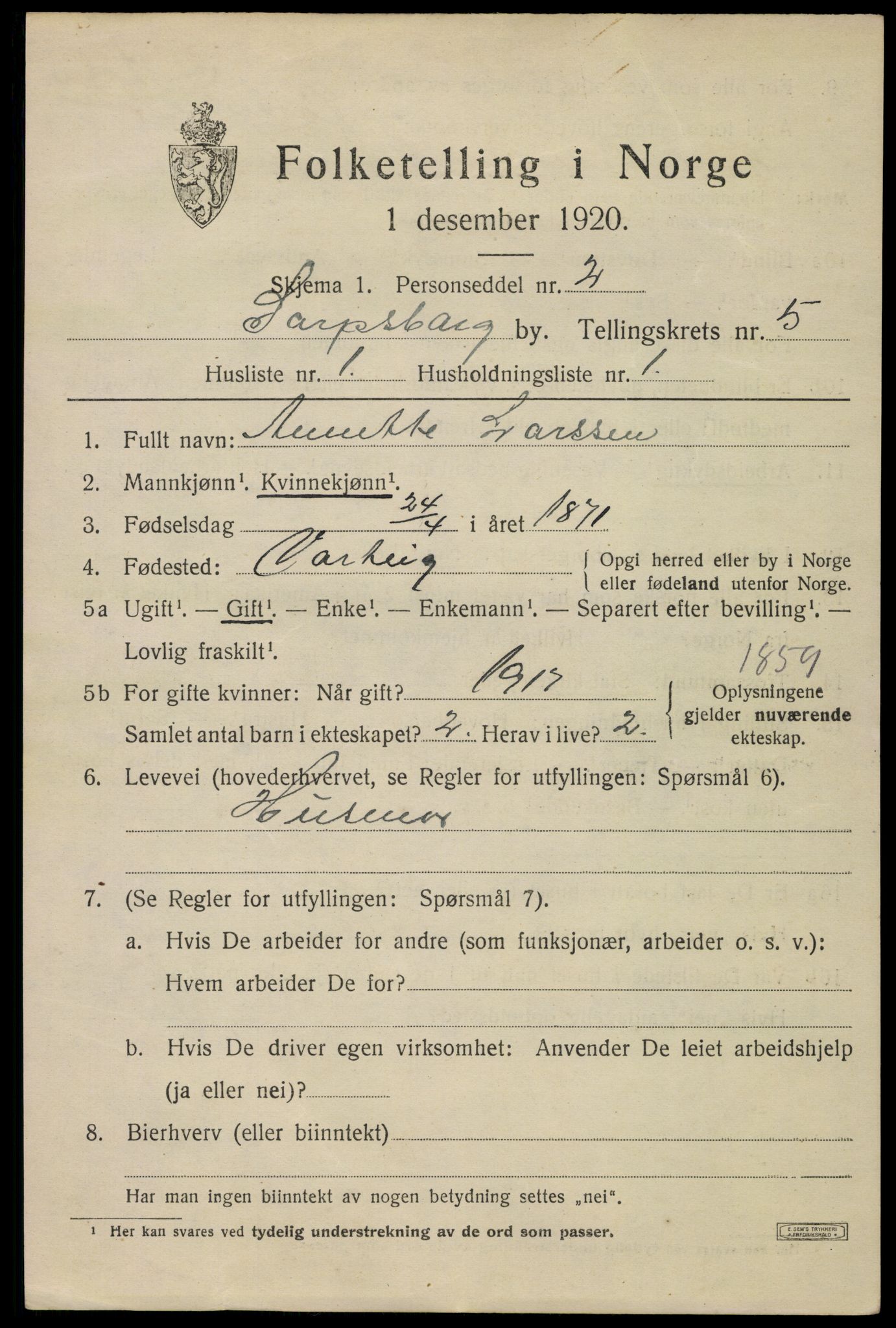 SAO, 1920 census for Sarpsborg, 1920, p. 13430