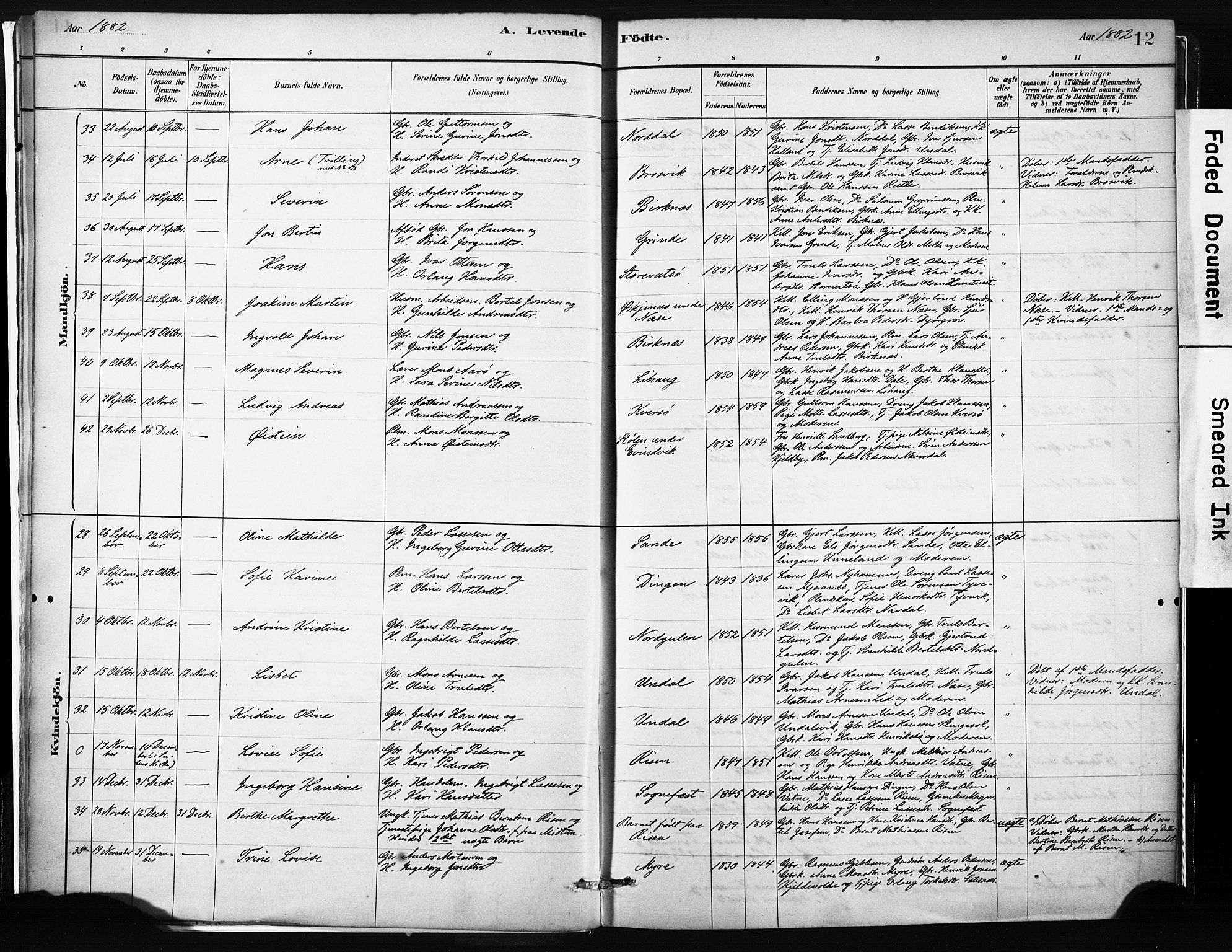 Gulen sokneprestembete, AV/SAB-A-80201/H/Haa/Haab/L0001: Parish register (official) no. B 1, 1881-1905, p. 12