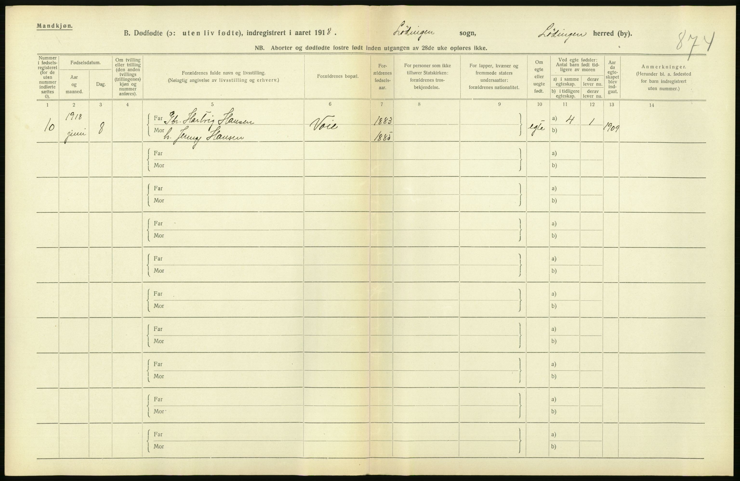 Statistisk sentralbyrå, Sosiodemografiske emner, Befolkning, AV/RA-S-2228/D/Df/Dfb/Dfbh/L0054: Nordland fylke: Gifte, dødfødte. Bygder og byer., 1918, p. 416