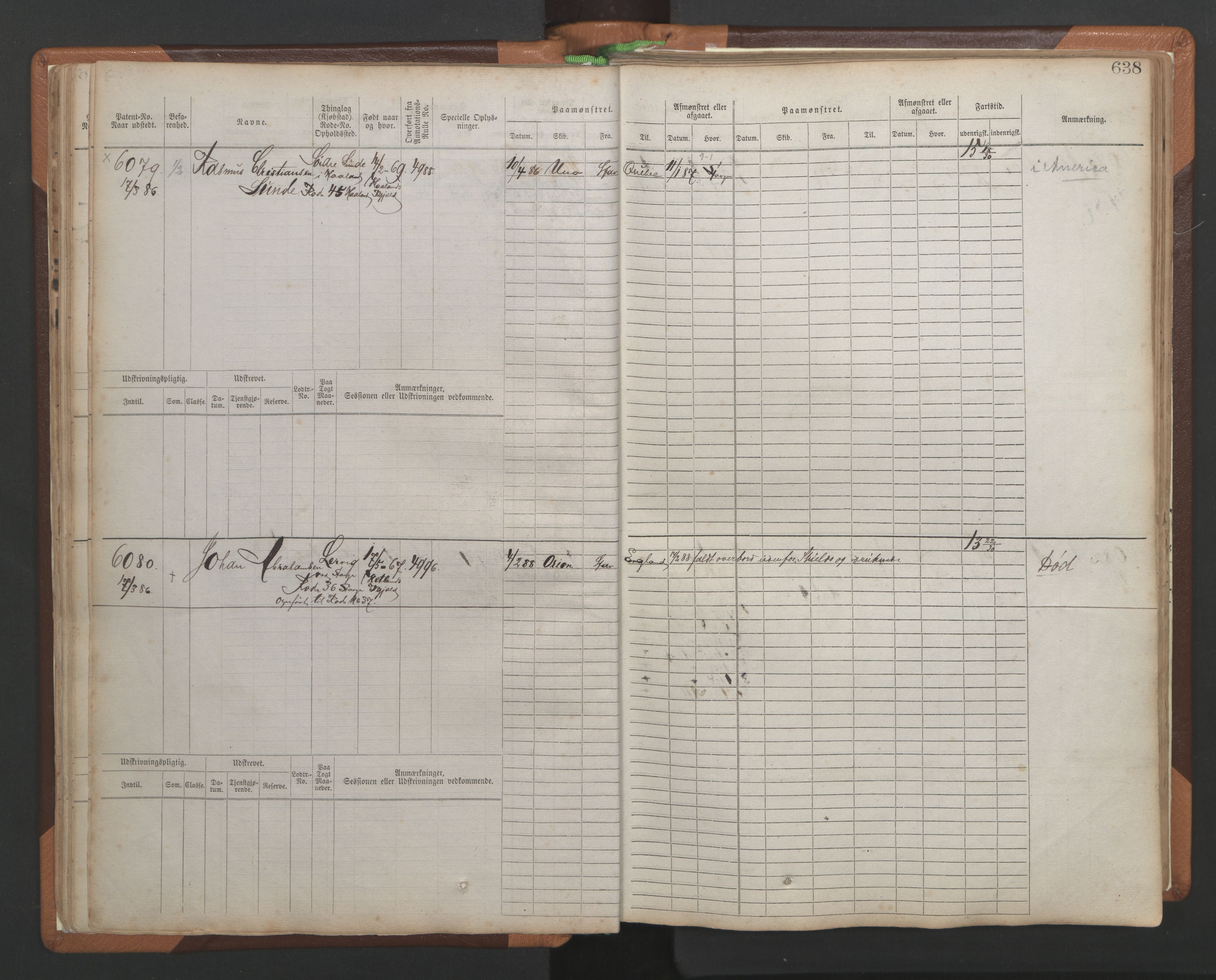 Stavanger sjømannskontor, AV/SAST-A-102006/F/Fb/Fbb/L0010: Sjøfartshovedrulle, patentnr. 6007-6606 (del 1), 1887-1896, p. 42