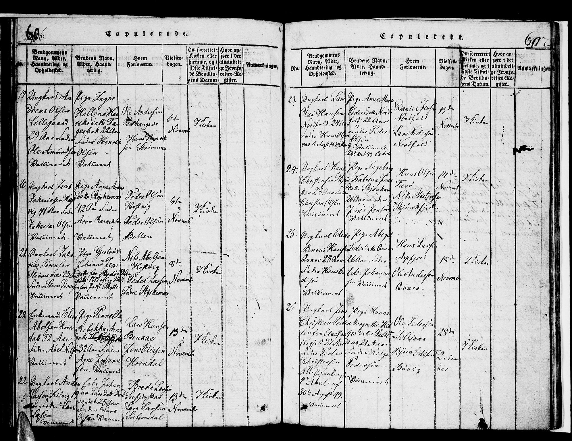 Ministerialprotokoller, klokkerbøker og fødselsregistre - Nordland, AV/SAT-A-1459/853/L0773: Parish register (copy) no. 853C01, 1821-1859, p. 606-607