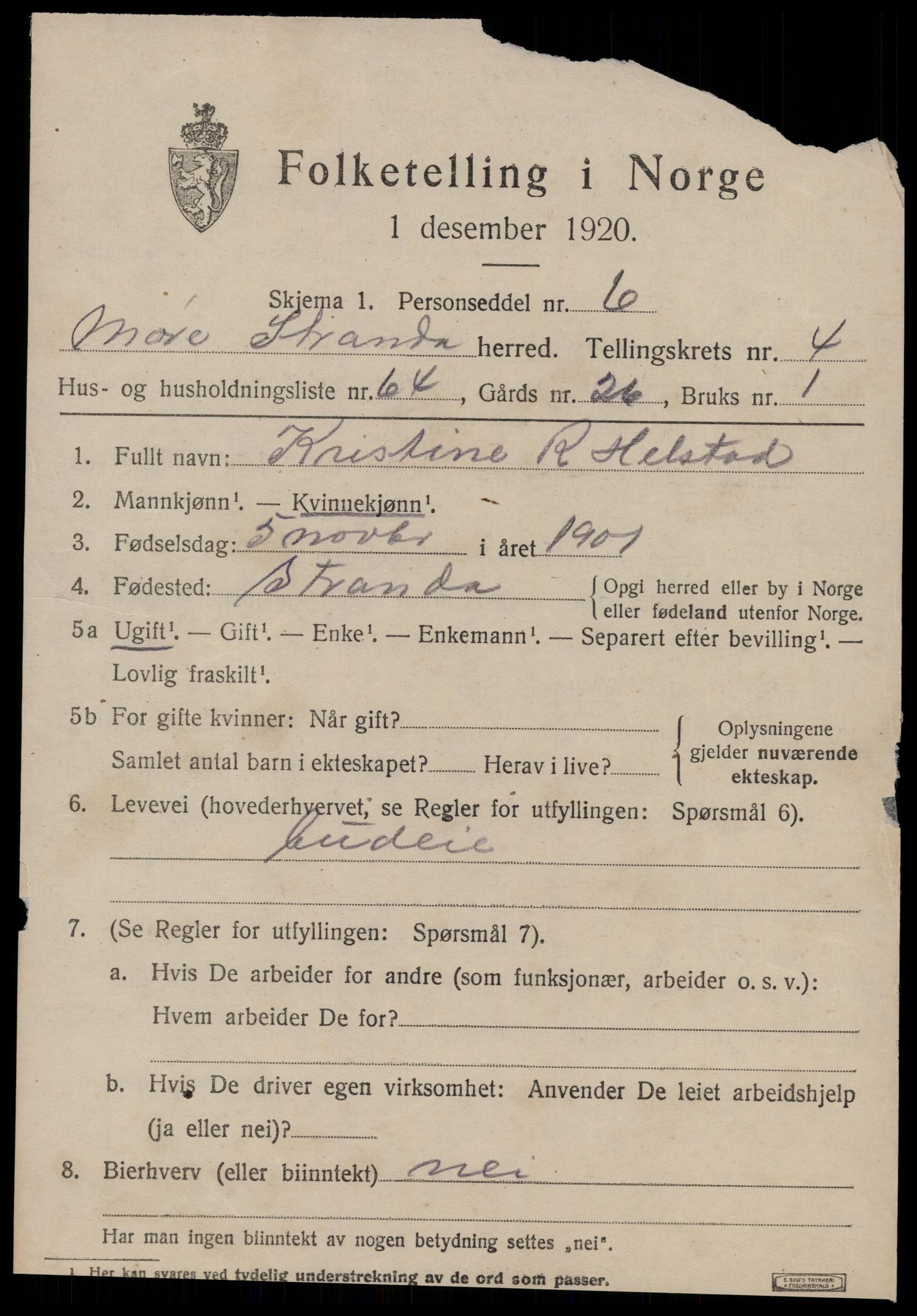 SAT, 1920 census for Stranda, 1920, p. 3209