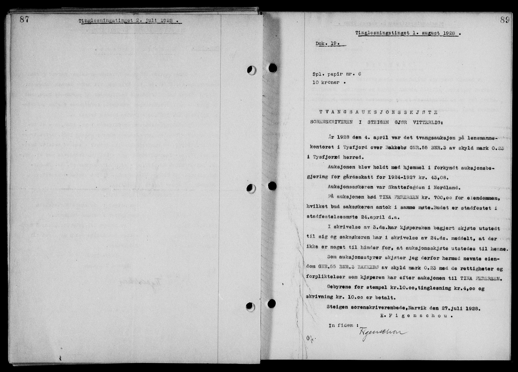Steigen og Ofoten sorenskriveri, SAT/A-0030/1/2/2C/L0015/0002: Mortgage book no. 16 og 17-I, 1927-1928, Deed date: 01.08.1928